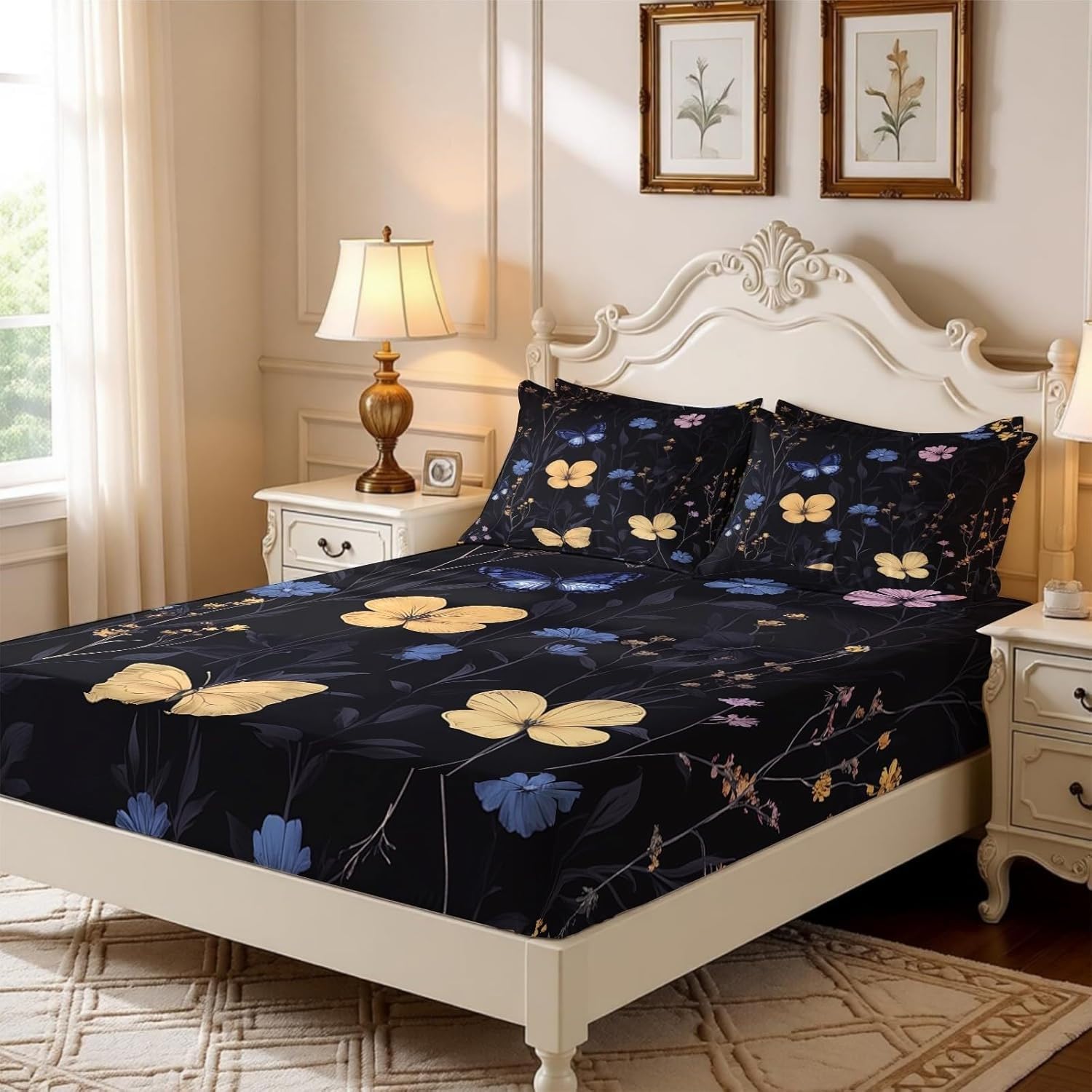 Sabana Bajera 135x190 Mariposa Amarilla Sabanas Bajeras Estampadas Flores Azules Sábana Bajera Ajustable Suaves, Elastico Funda Colchon con 2 Funda Almohada 50x80 cm, para Colchón de 30cm de Altura