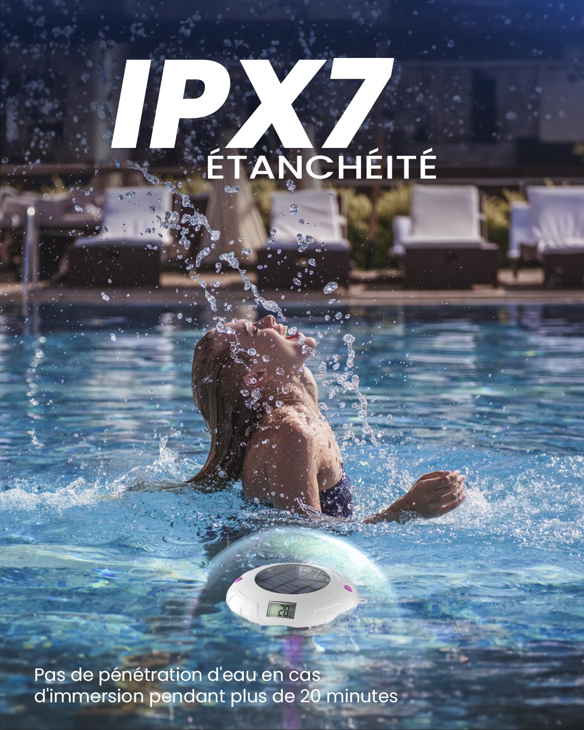 Lampe de piscine solaire avec double écran LCD, thermomètre de piscine flottant facile à lire, 8 effets lumineux dynamiques, thermomètre numérique étanche IPX7