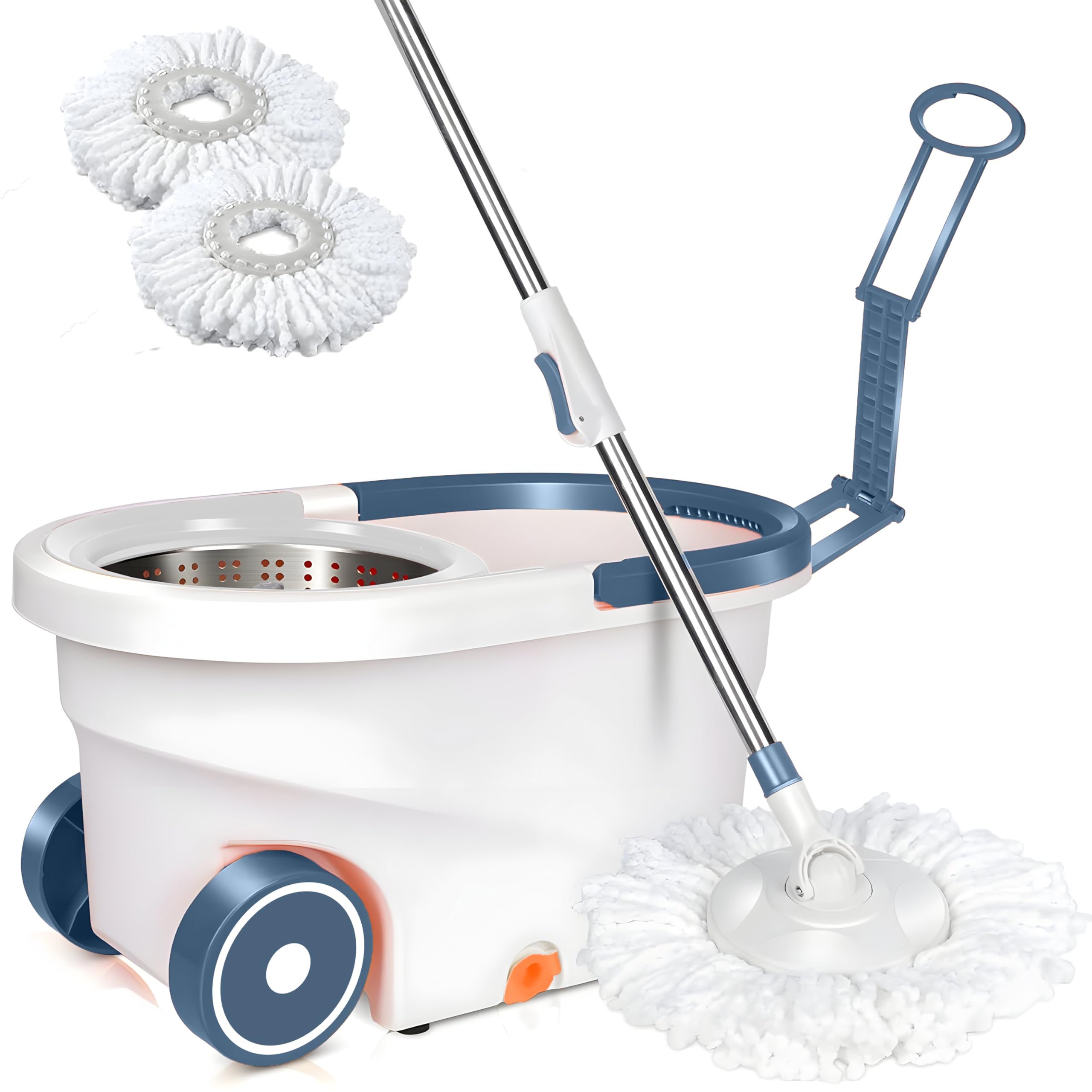Trivex Spin Mop and Bucket Set with wheels, Floor Cleaning Mop with Extra 2 Reusable Super Absorbent Mop Head, 360° Spinning Wringer Mop with Stainless Steel Extended Handle and Mop Bucket, 2x Wheel