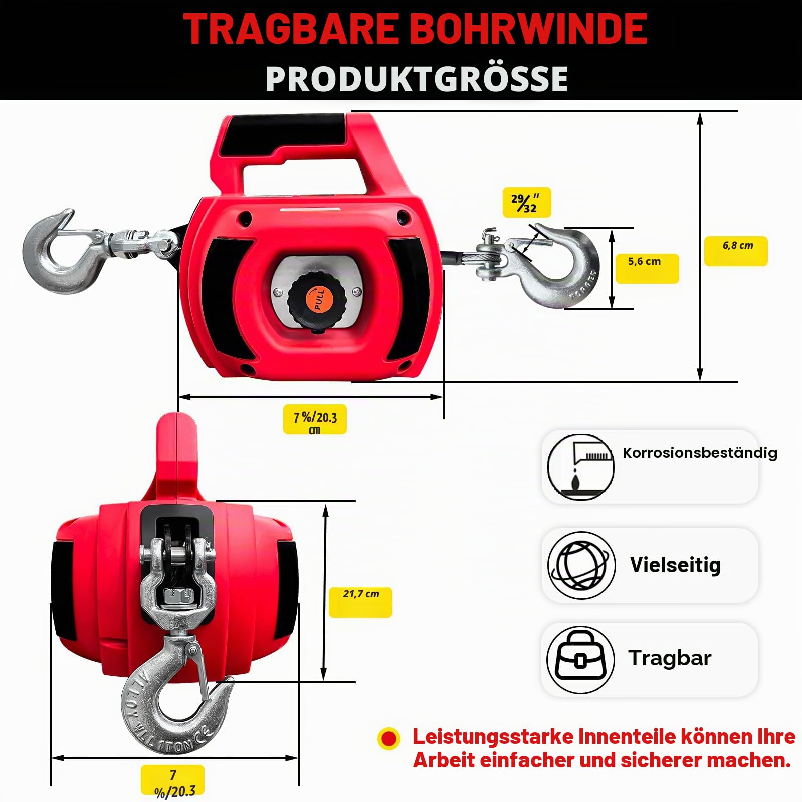 Tragbare Bohrwinde, 453,6 kg, bohrbetriebene Seilwinde mit Stahldrahtseil, 12 m, Bohrwinde zum Heben, Schleppen, Handling, Anhänger (rot)