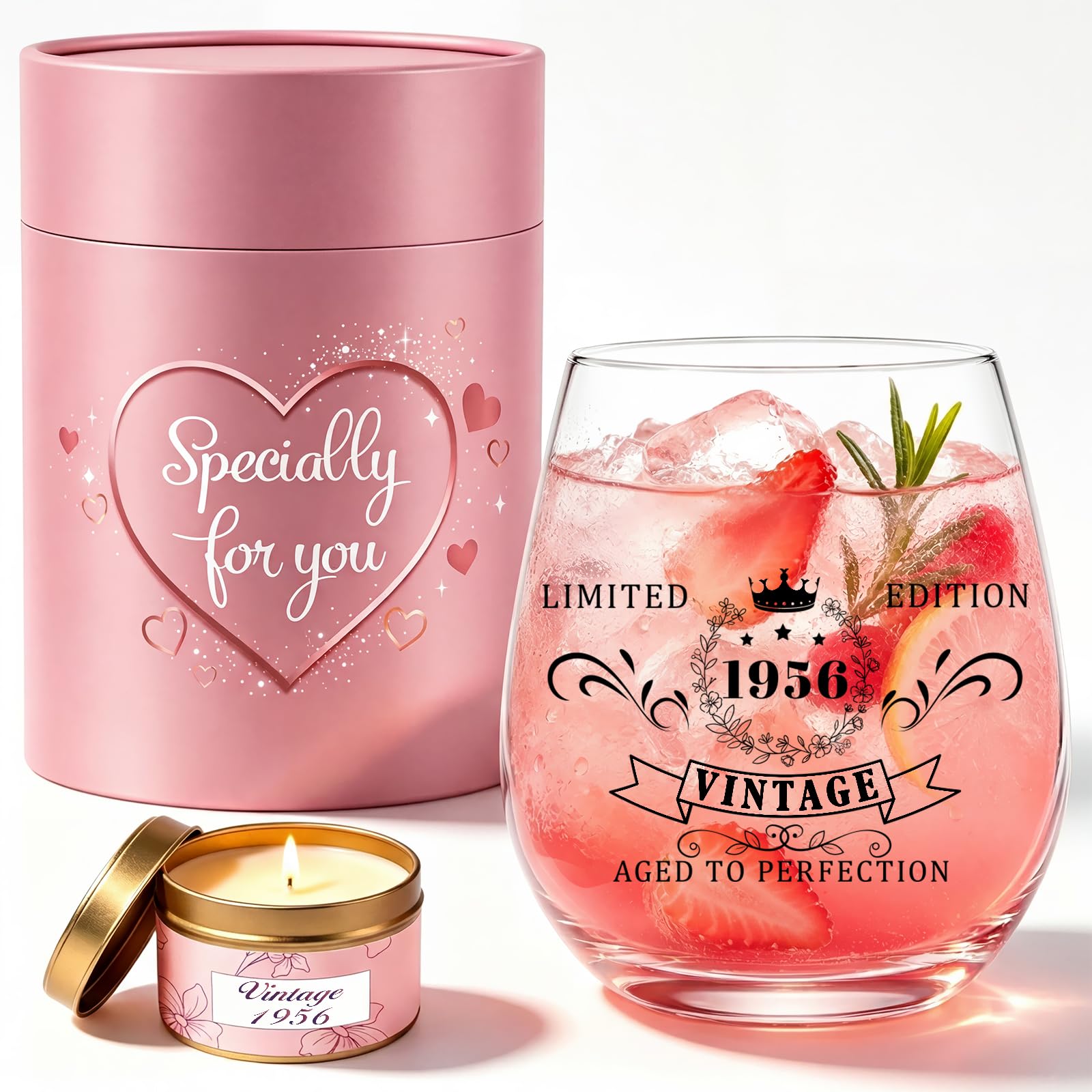 TUZELIYA 70th Birthday Gifts for Women - Personalised Vintage 1956 Wine Glass Set with Scented Candle - 70th Birthday Decoration for Her - 70 Bday Gifts Idea for Mum Sister Friends Colleagues Family