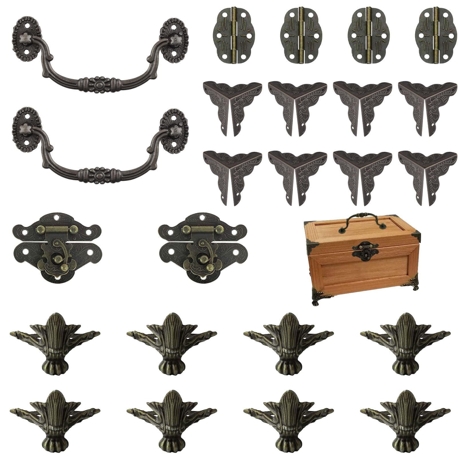 MOROBOR Jewelry Box Antique Lock Latch Hasp Hinges Handle Box Corner Protectors Kit for DIY Jewelry Box Bronze 2 Sets 24Pcs