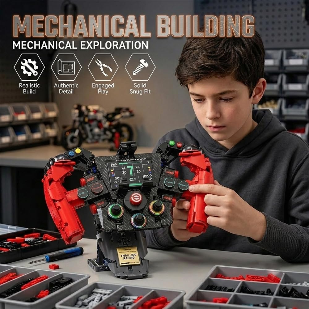 Juego de construcción de volante de simulador de carreras, simulador de fórmula mecánica, kit de modelo coleccionable con piezas móviles y soporte para teléfono para niños de más de 14 años