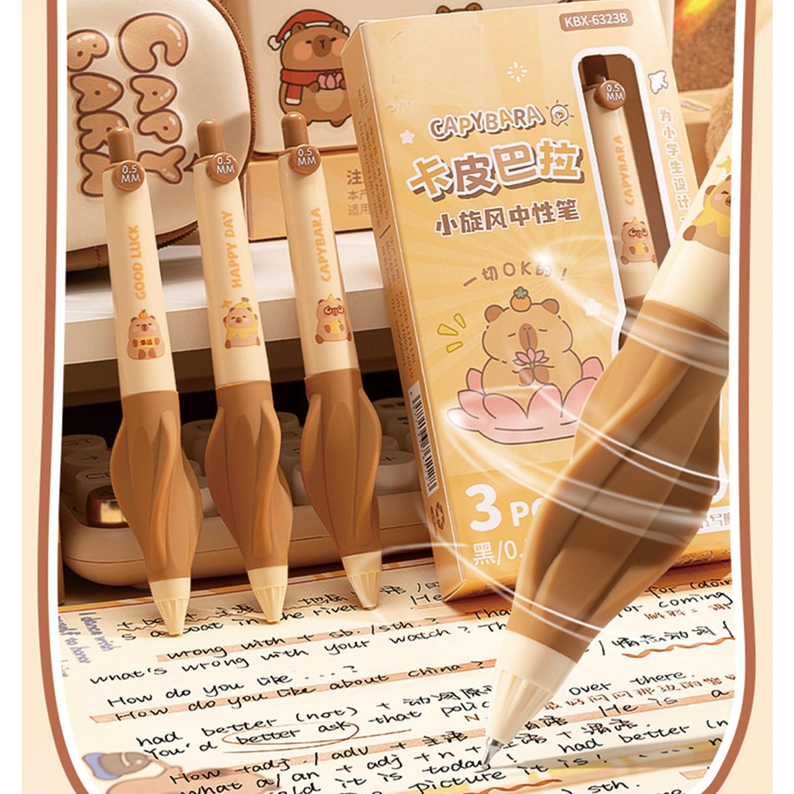 3 Pcs Cute Gel Pens Capybara Retractable Pens Cartoon Soft Grip Pen 0 5mm Fine Point Black Ink — view 2