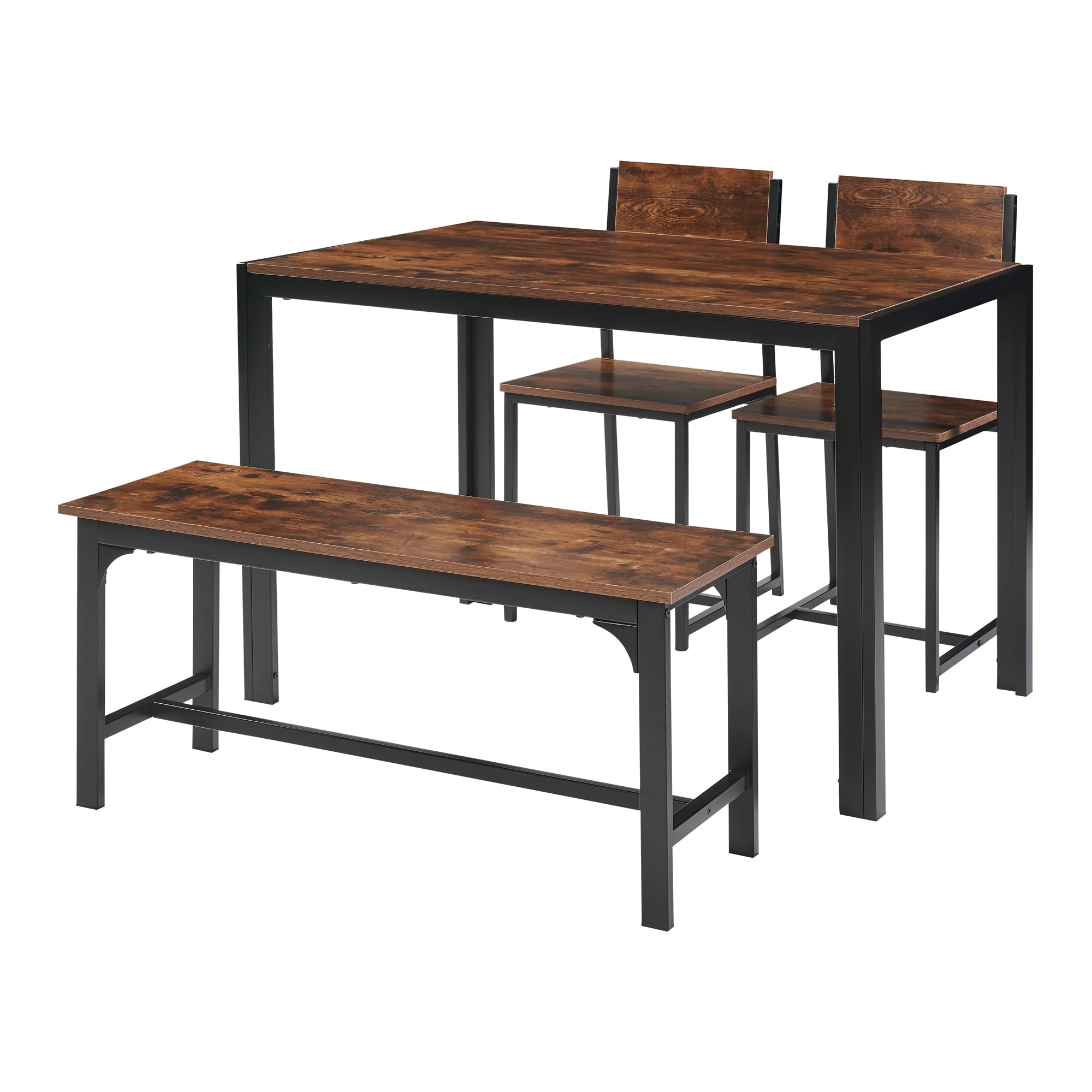 Panana Dining Table and 2 Chairs with Bench, 4 Piece Breakfast Dining Table and Chairs Set for Kitchen Home Bistro Patio Garden (Brown)
