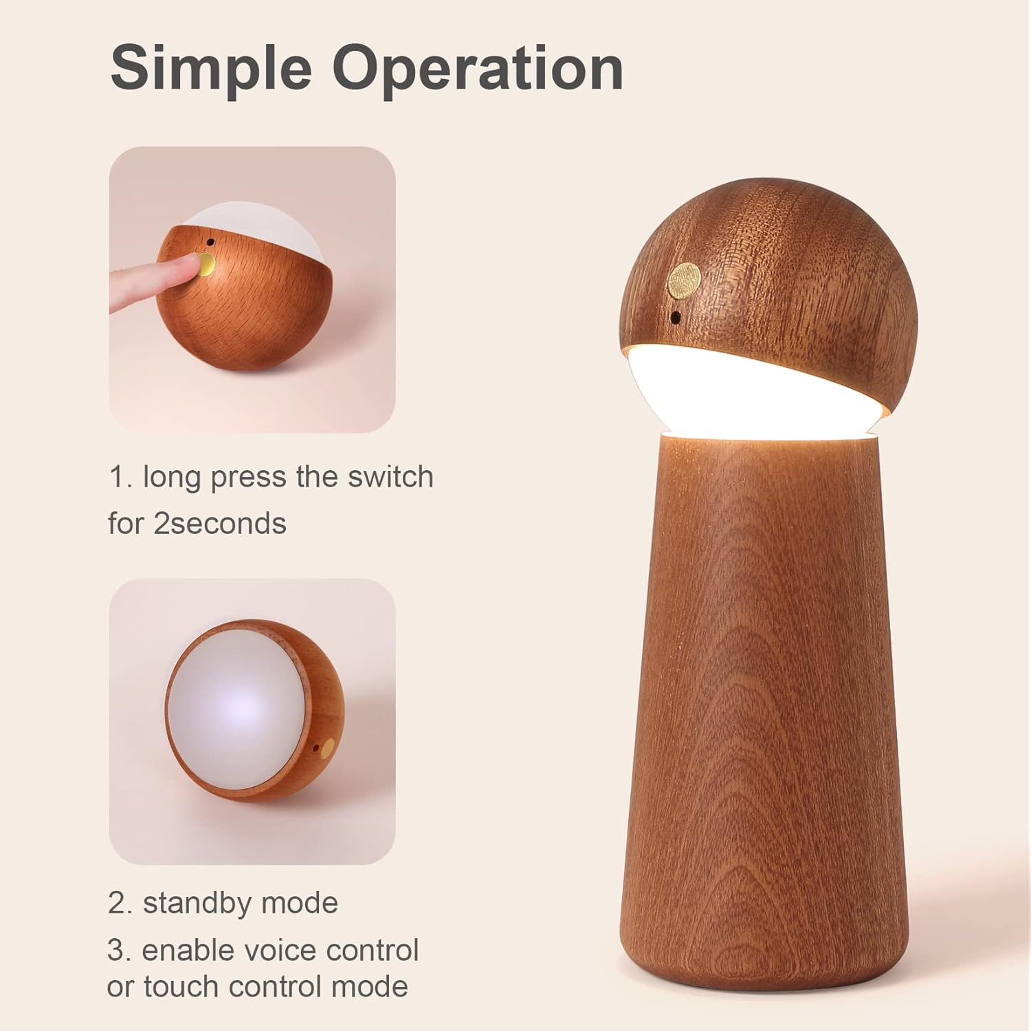 Image illustrating the simple operation steps: long press the switch for 2 seconds to enter standby mode, then enable voice or touch control.