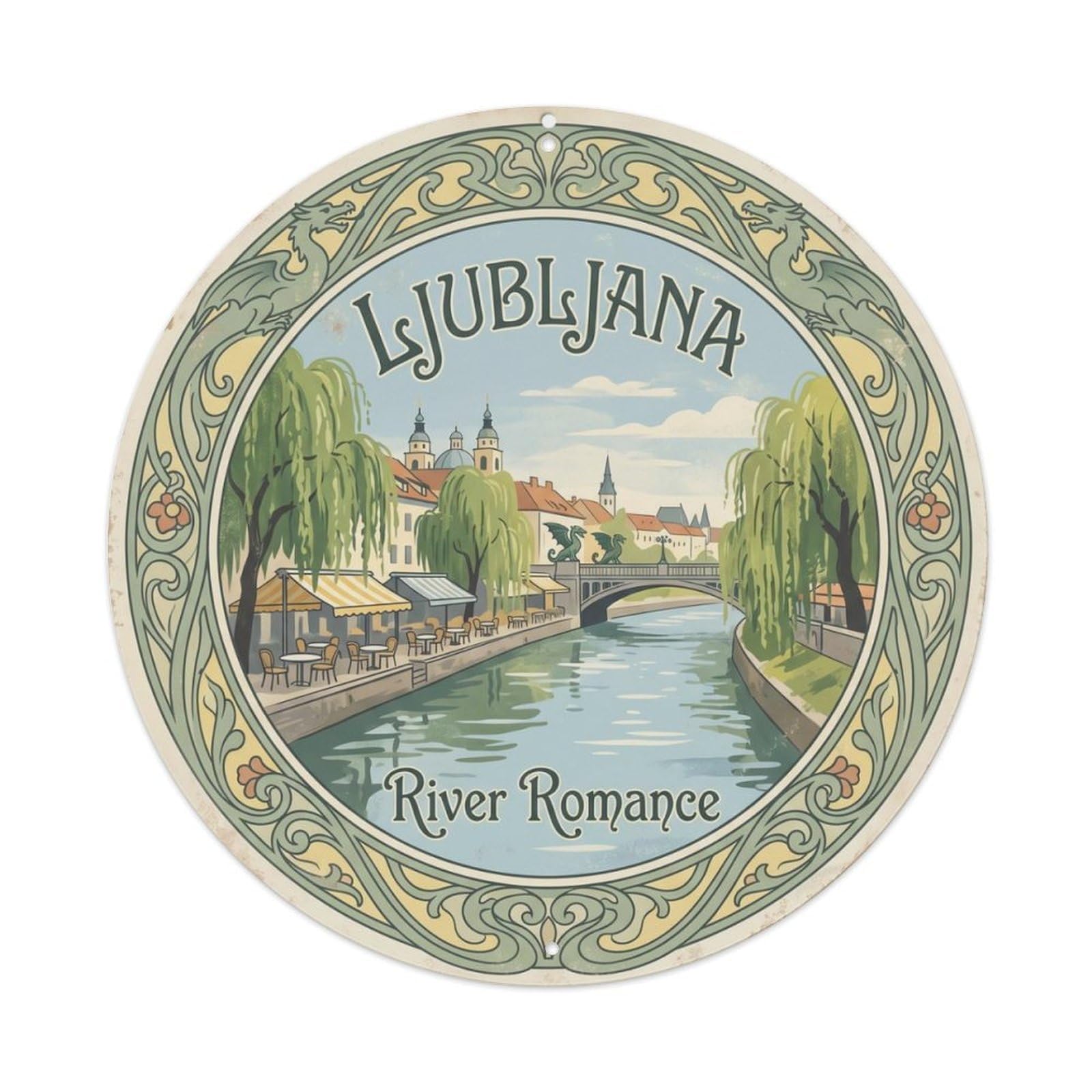 Vintage Travel Ljubljana Slovenia Riverside Metal Tin Sign Plaque Wall Decor for Cafe, Club, Garden Round Metal Poster 8x8Inch