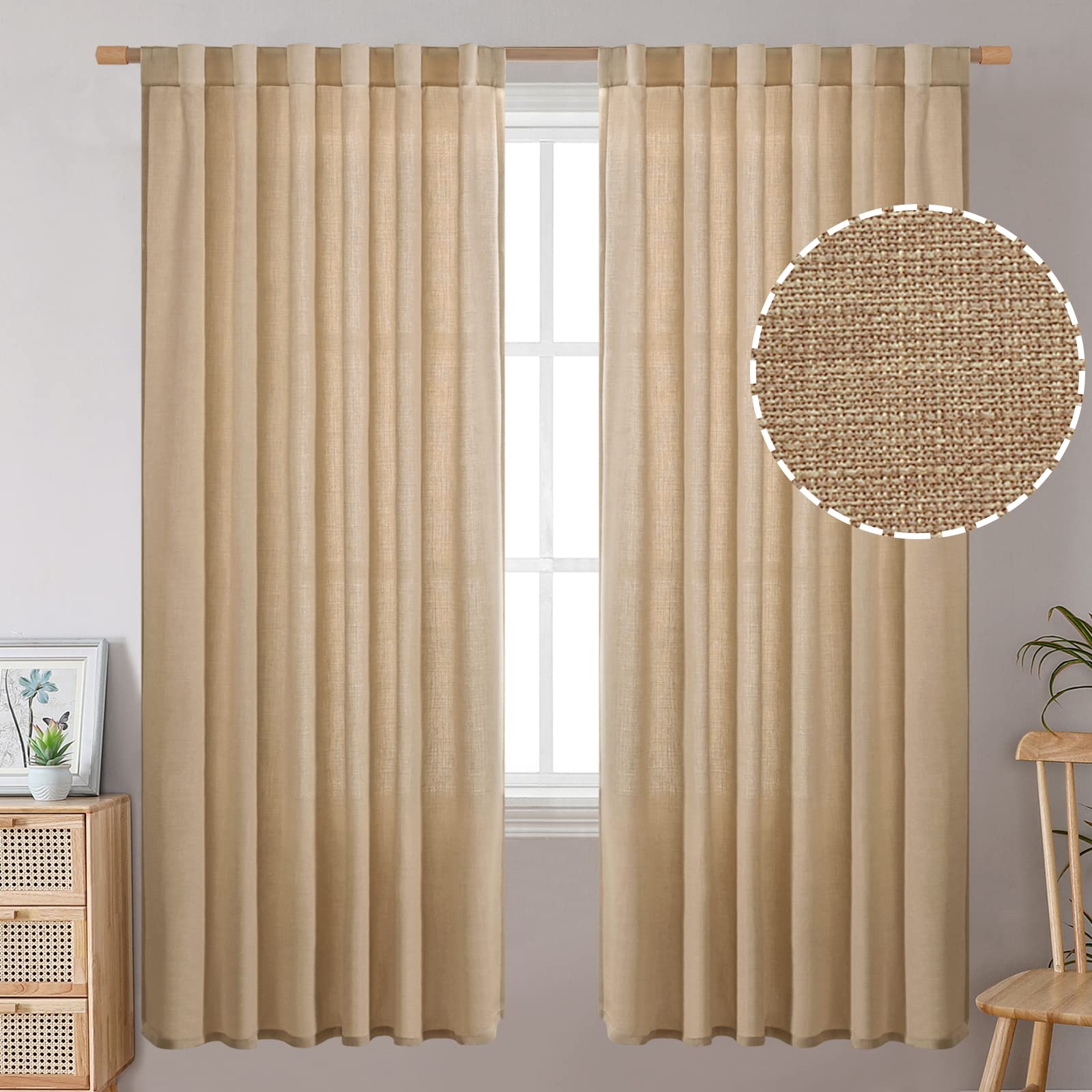 BGment Natural Faux Linen Curtains for Bedroom, Rod Pocket and Back Tab Linen Semi Sheer Drapes Light Filtering Privacy Window Treatments Curtains for Living Room, 2 Panels, 52 x 72 Inch, Natural