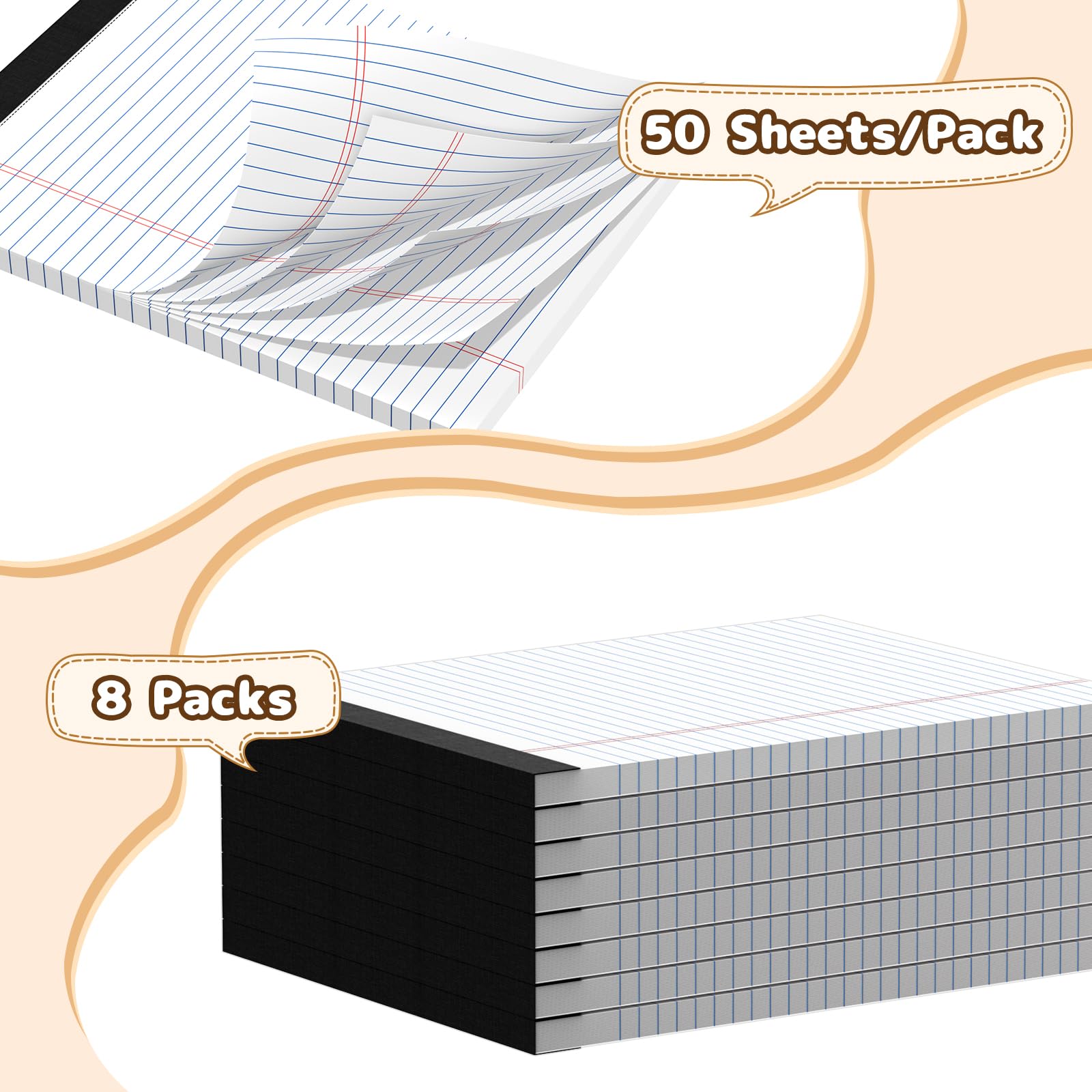 Blocchi legali da 8,5 x 11 cm, bianchi, a righe larghe, confezione da 8 (400 fogli in totale), spessi 80 g/m², con pagine perforate e retro robusto, per ufficio, scuola, casa