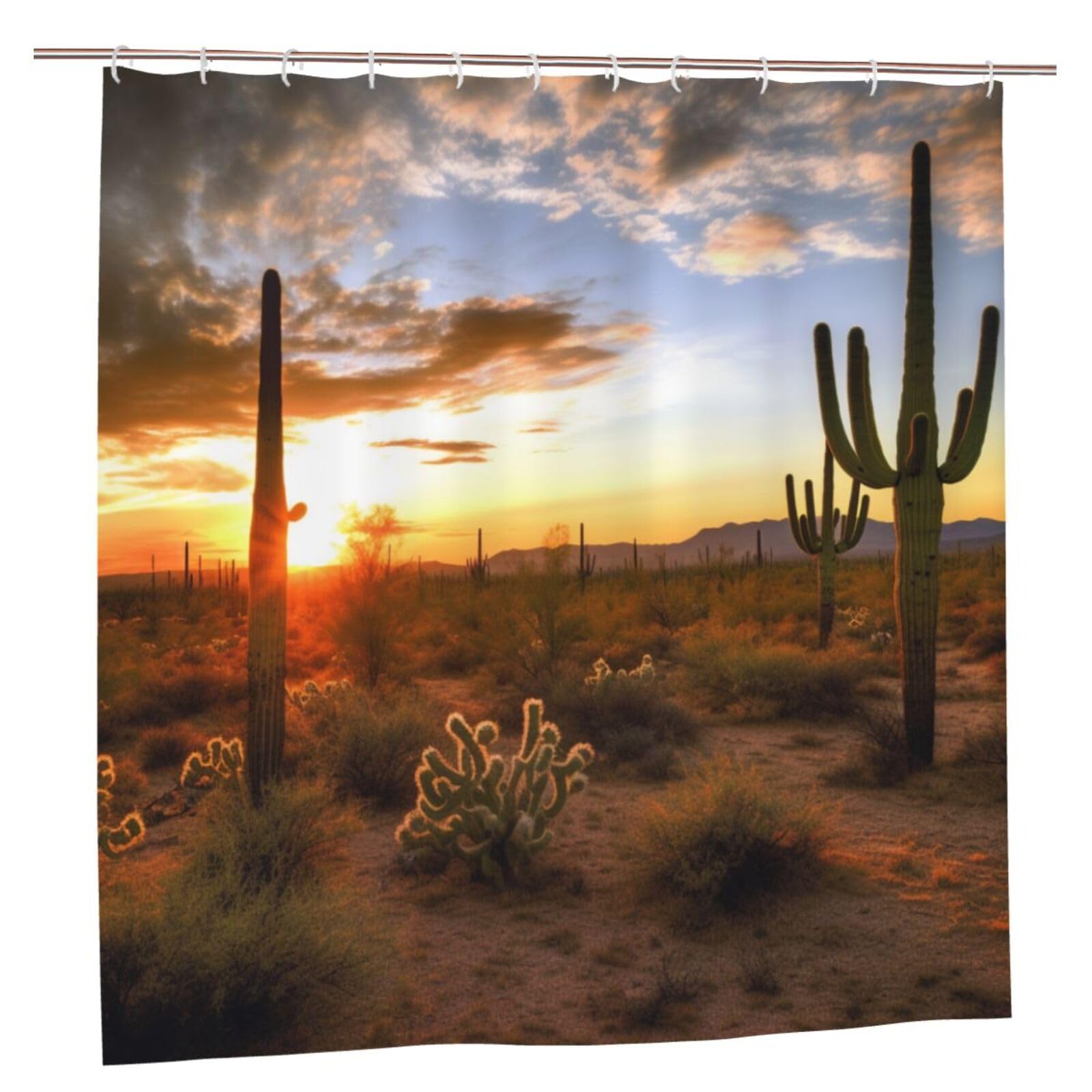 BWWHCCTI Saguaros at Sunset Printed Shower Curtain With 12 Plastic Hooks Opaque Quick Drying Waterproof Shower Curtains Sets For Bathroom 183x183 CM
