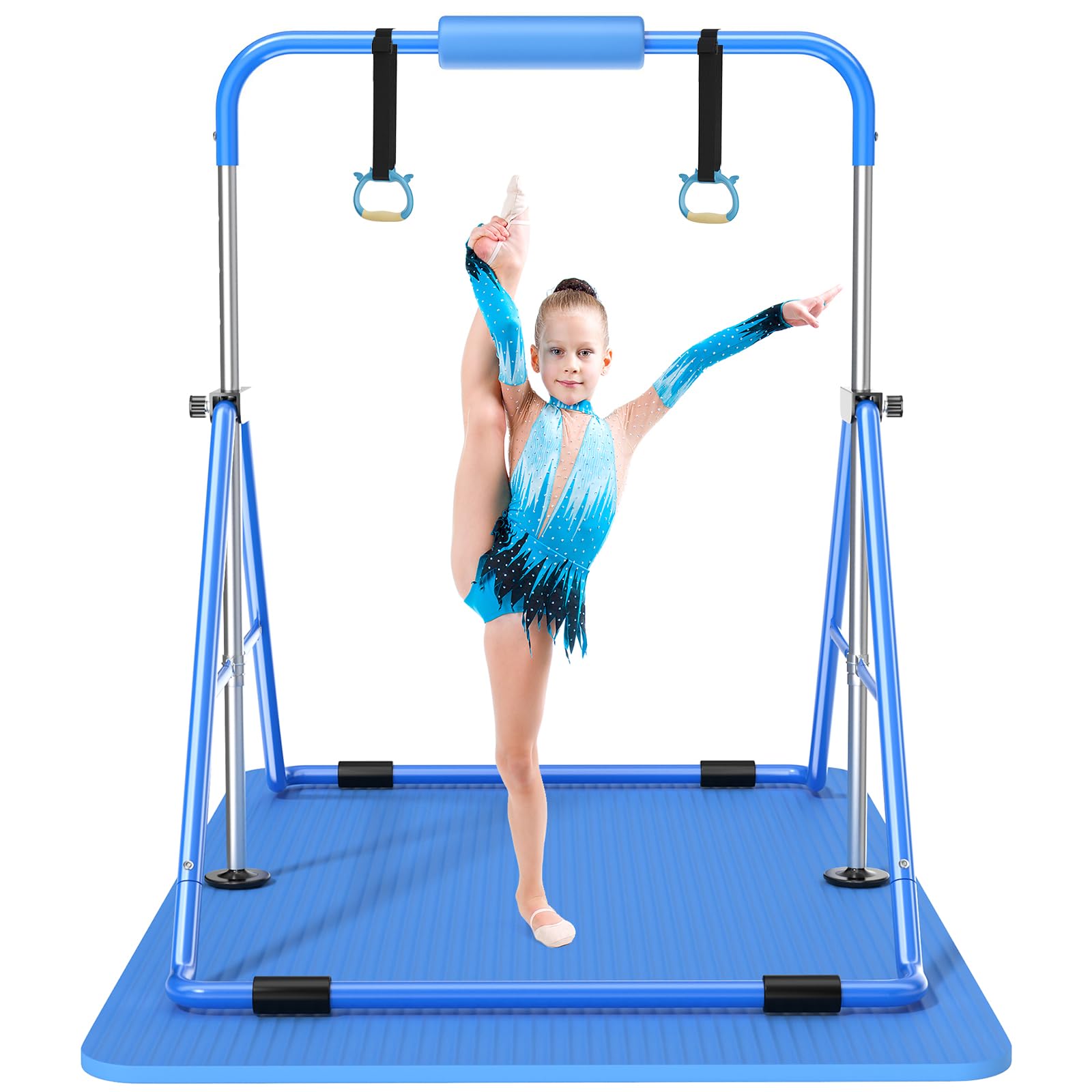 Safly Fun Gymnastics Bar with Mat for Kids 3-9, Foldable & Adjustable 35"-51", Supports 145Lbs with Pad, Easy to Assemble, Gymnastics Equipment for Indoor/Outdoor Training