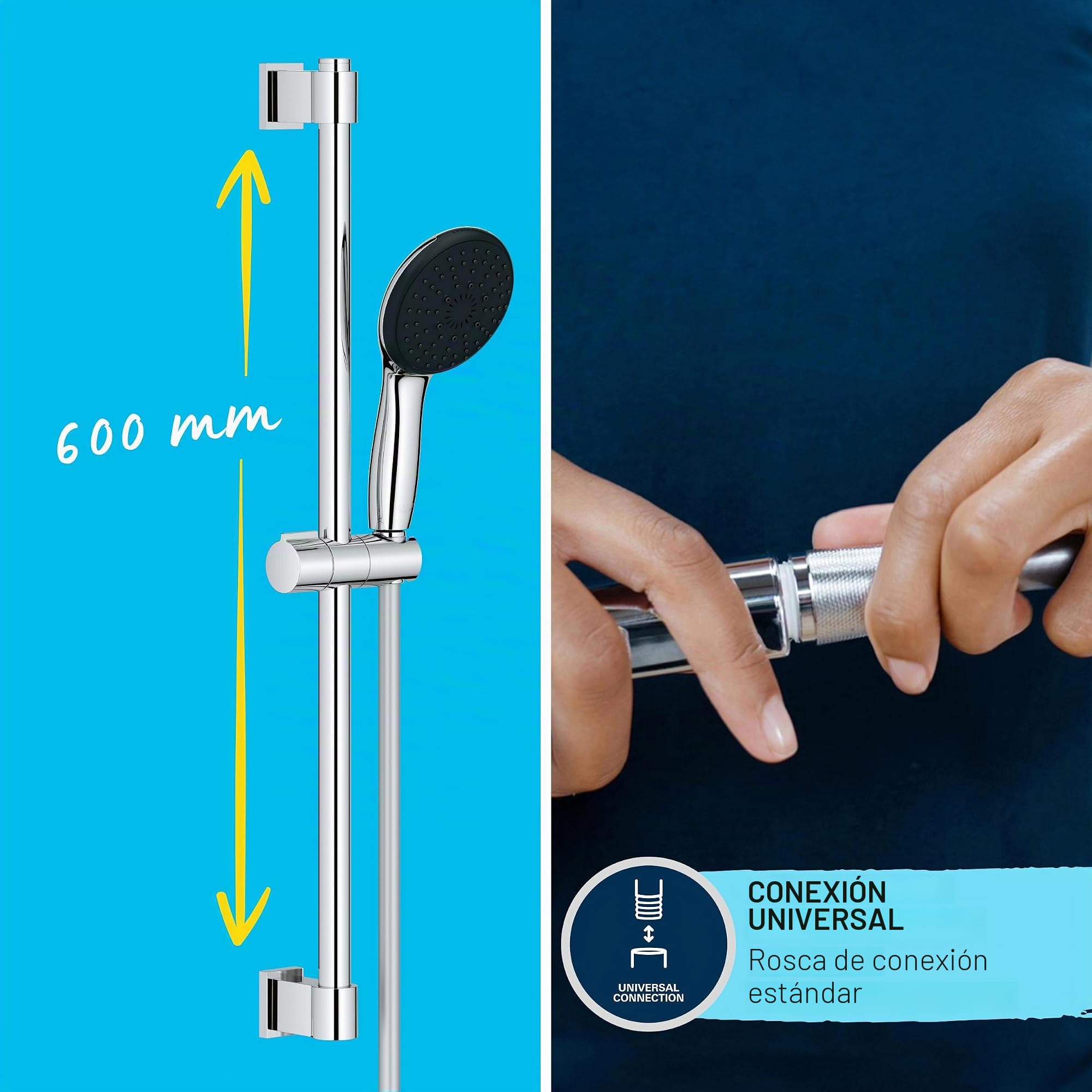 GROHE Juego de barra de ducha Vitalio Start 110 (ahorro de agua, 3 tipos de chorro, duradero, encolar o taladrar), Cromo, 26032001