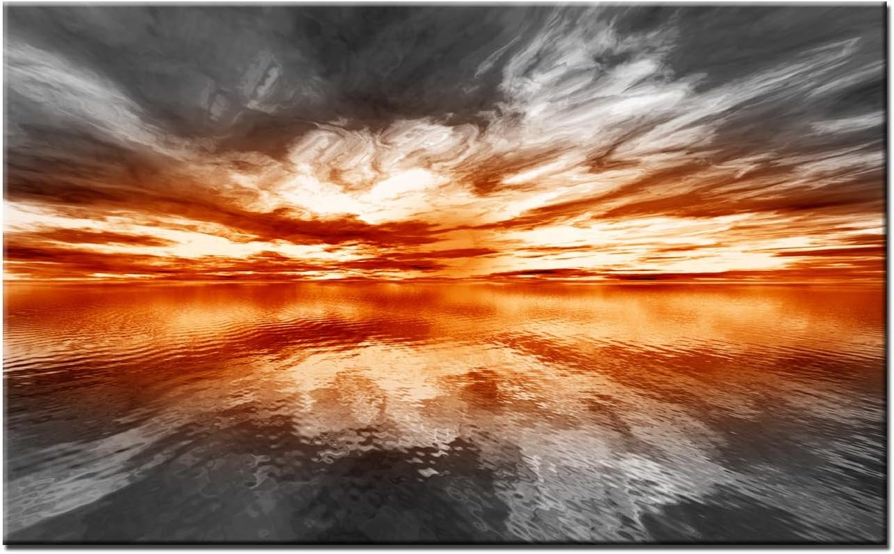 LynxartEmot orange New Orange grey wall art Large room painting stretched and framed ready to hang. Abstract giclee seascape artwork decoration for home office living room kitchen