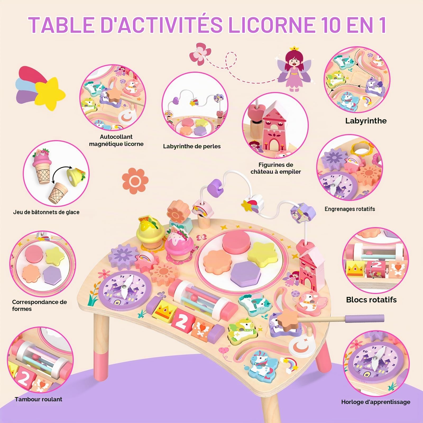 Table d'Activité Montessori en Bois 10 en 1 Licorne dès 18 Mois | Manipuler, Trier, Tourner et écouter Aide la Motricité Fine Dans Les Jeux Quotidiens