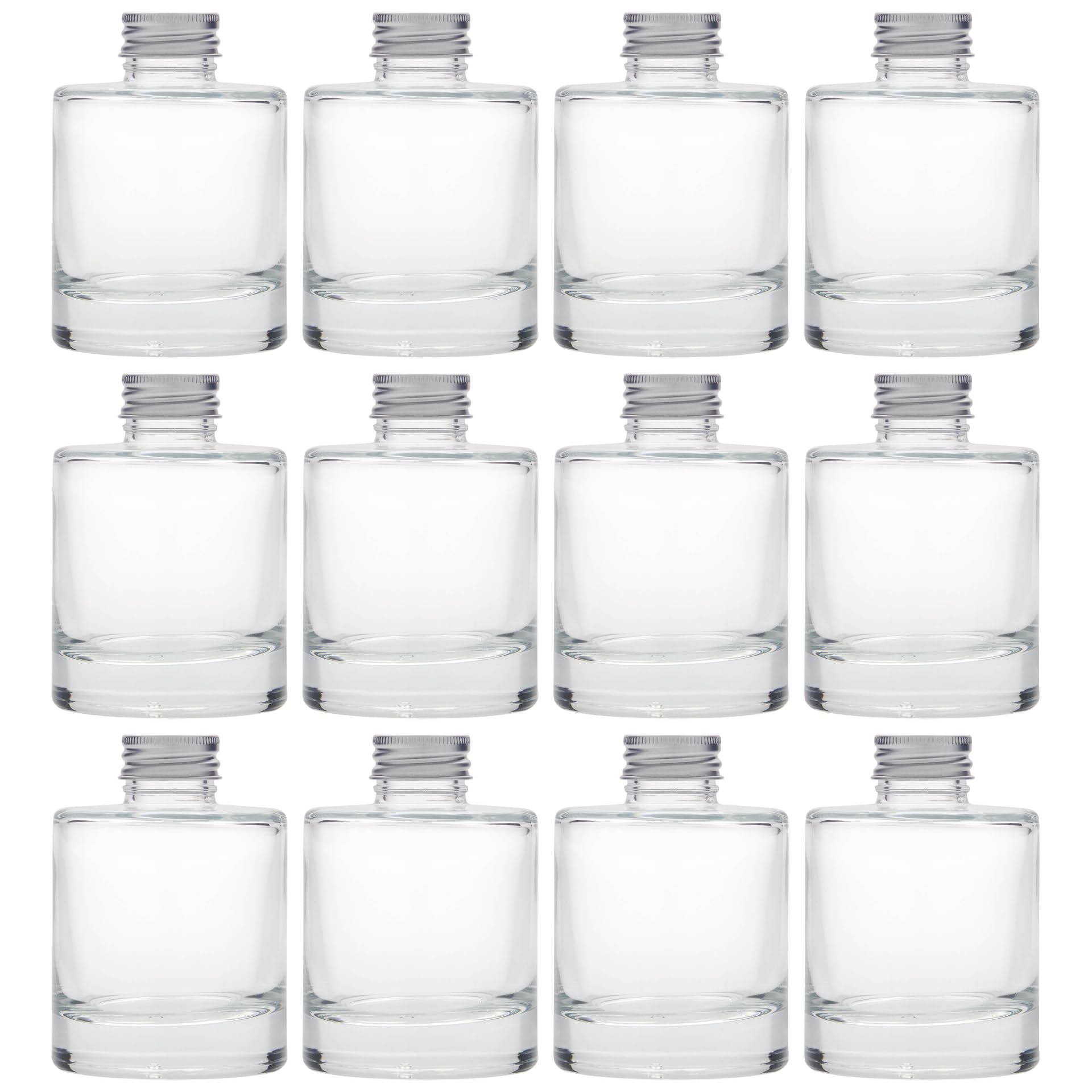 Szklana butelka Flamenco 100 ml okrągła z metalową zakrętką, srebrna, w zestawie 12 sztuk