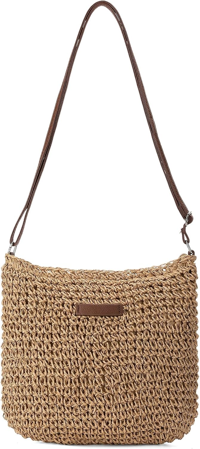 Straw Beach Bag for Women Small Woven Crossbody Bag Summer Mesh Hollow Beachy Purse Shoulder Bag for Vacation