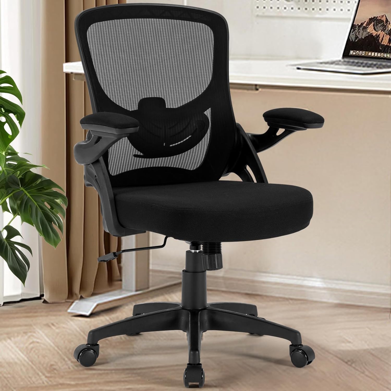 Office Chair, Ergonomic Computer Desk Chair with Adjustable Lumbar Support Comfy Breathable Mesh Chair with Flip-up Arms, Mid Back Swivel Executive Task Chair for Home Office 300lbs, Black
