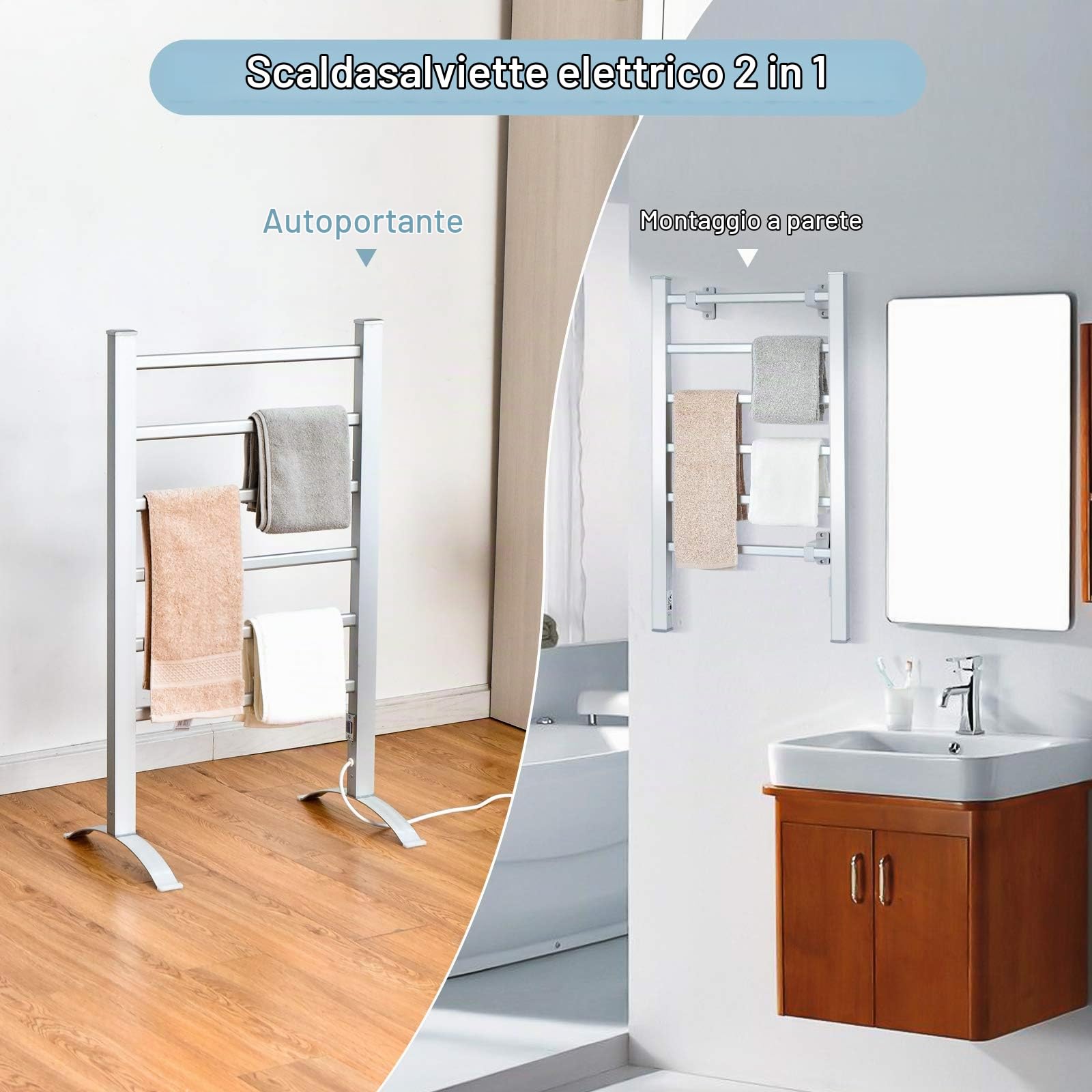RELAX4LIFE Scaldasalviette Elettrico 100W, Portasciugamani Radiatore da Bagno con 6 Sbarre, Struttura in Alluminio, Montaggio a Parete/da Terra