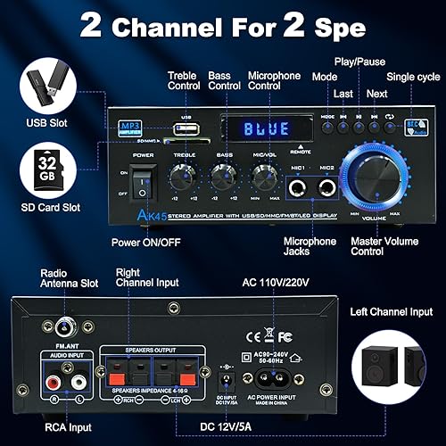 Miniatura 2 de AK45 Amplificador de audio estéreo para el hogar, mini receptor Bluetooth 5.0, amplificador de potencia estéreo de alta fidelidad Blutooth de 300 W