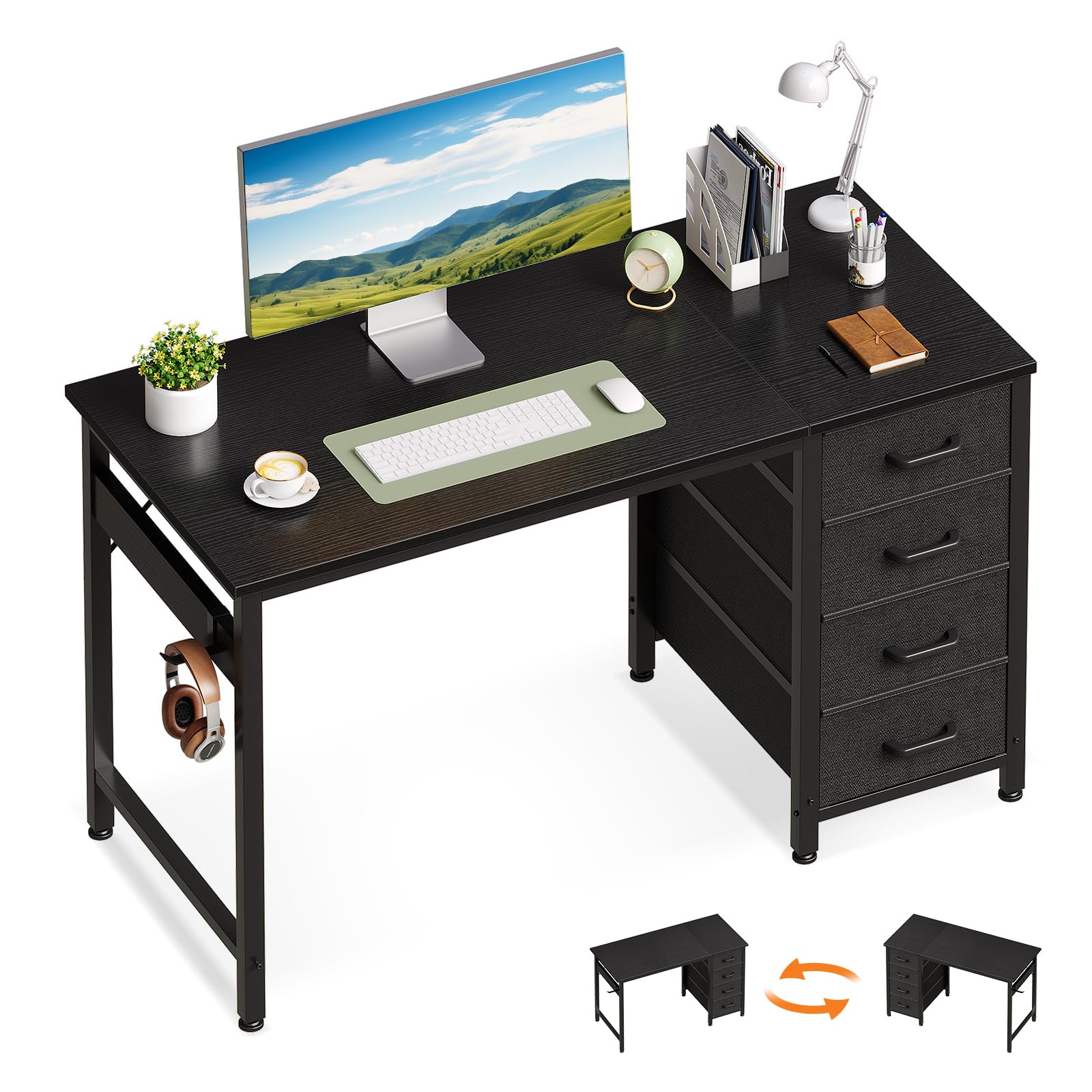 ODK Escritorio con 4 Cajones, Mesa de Escritura Reversible para Ordenador con Gancho para Auriculares, Gaming Escritorio de Oficina para Oficinas y Puestos de Trabajo (Negro, 100×48×75.7cm)