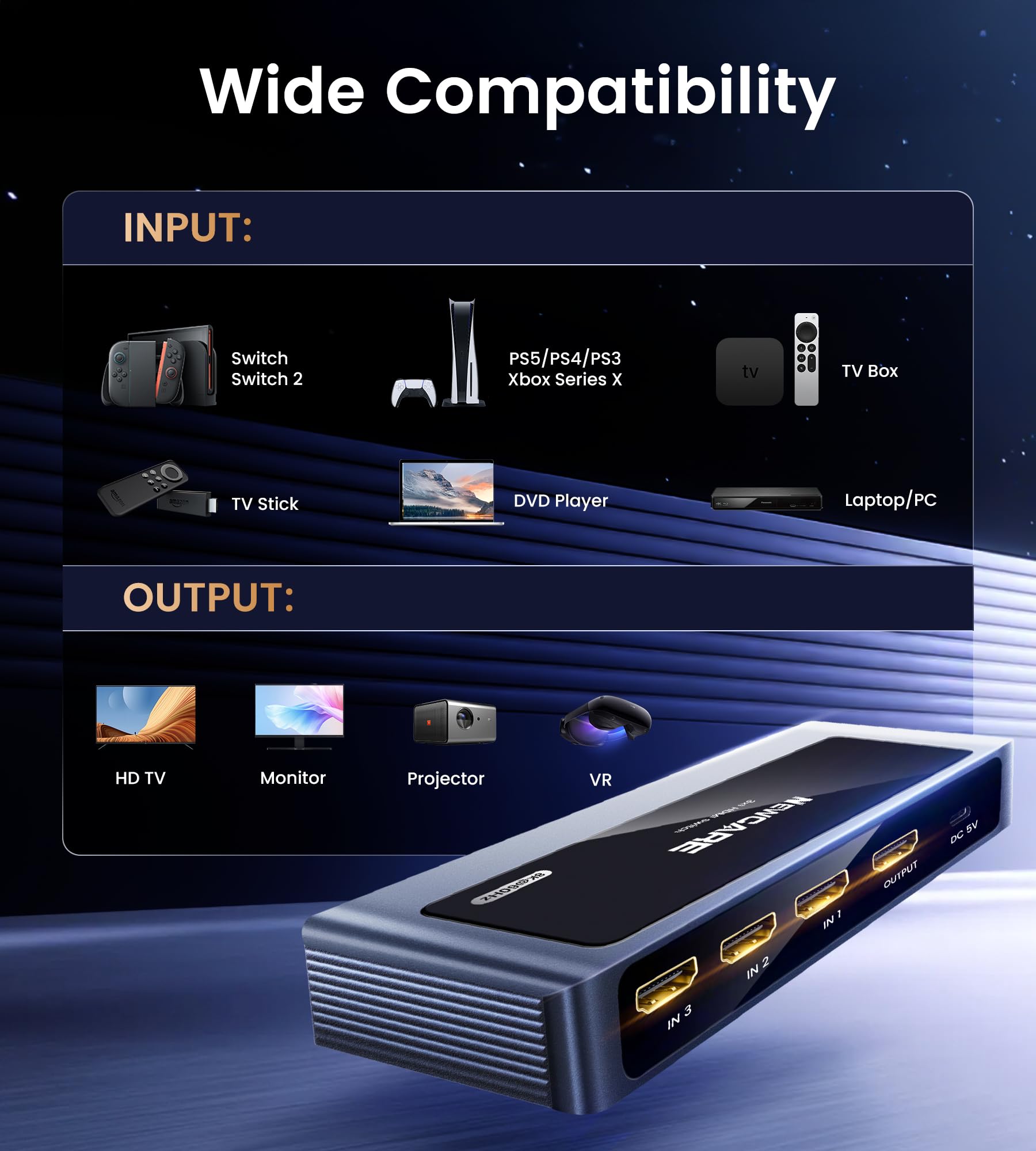 NEWCARE 8K HDMI Switch 3 wejścia 1 wyjście, 4K@120Hz aluminiowy przełącznik HDMI 3 wejścia 1 wyjście z pilotem, 3 porty HDMI Switcher Obsługuje 8K@60Hz 48Gbps HDR10+ VRR