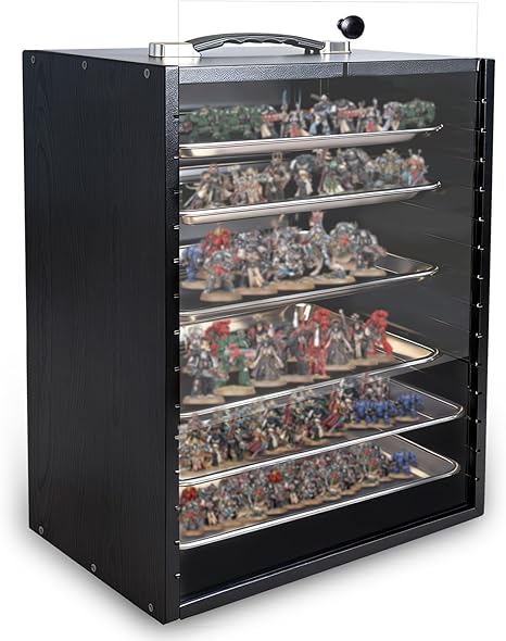 Miniature Display Case with 6 Removable Trays, Wooden Collectibles Storage Box with Clear Lid, Portable Miniatures Organizer for Tabletop Figurines & Models (Black)