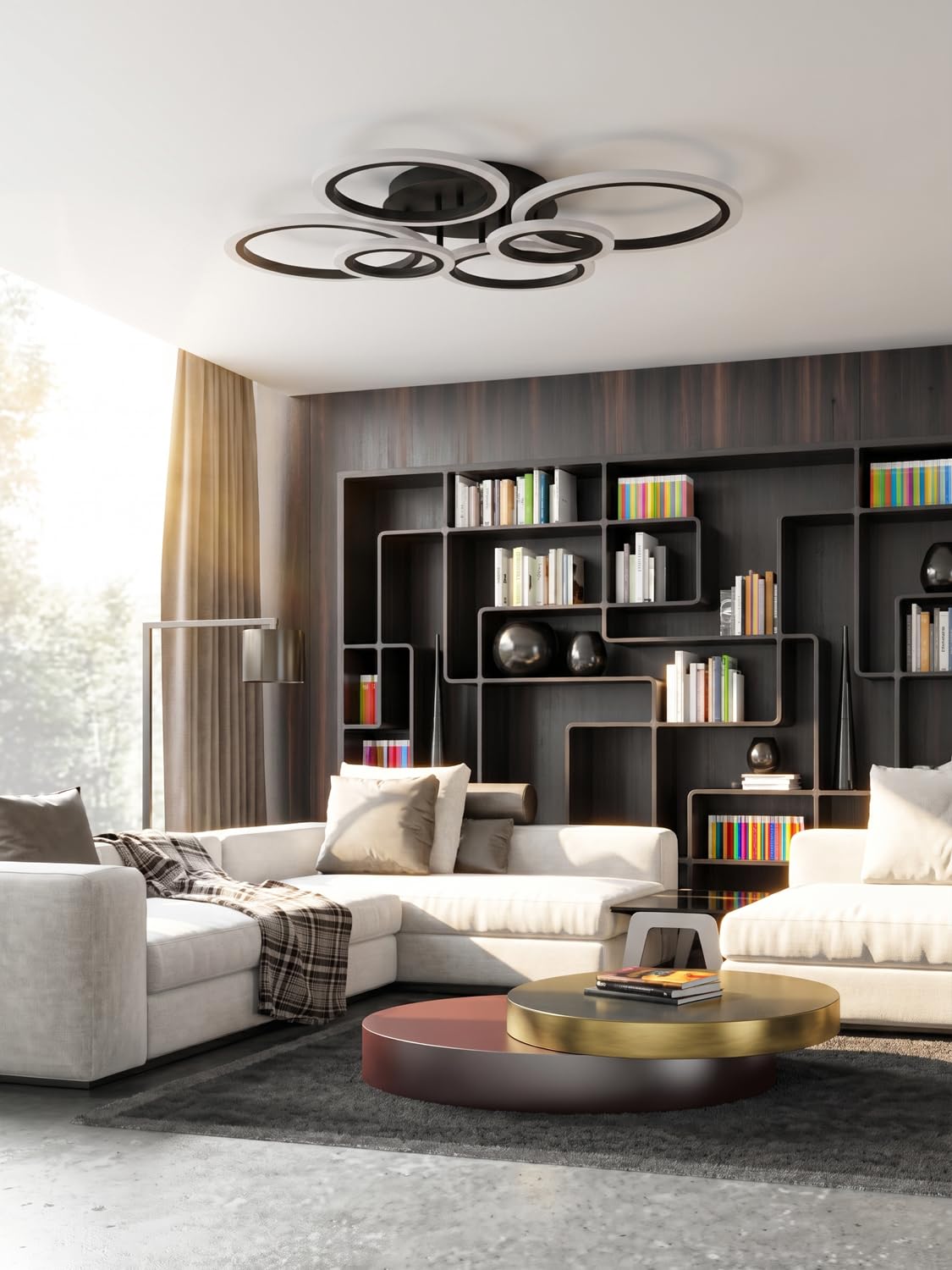 Inteligentna lampa sufitowa LED, współpracuje z Alexa i Google Home, ściemniana z regulowaną temperaturą barwową (3000 K-6500 K), nowoczesny design z 6 pierścieniami do salonu, sypialni, czarna