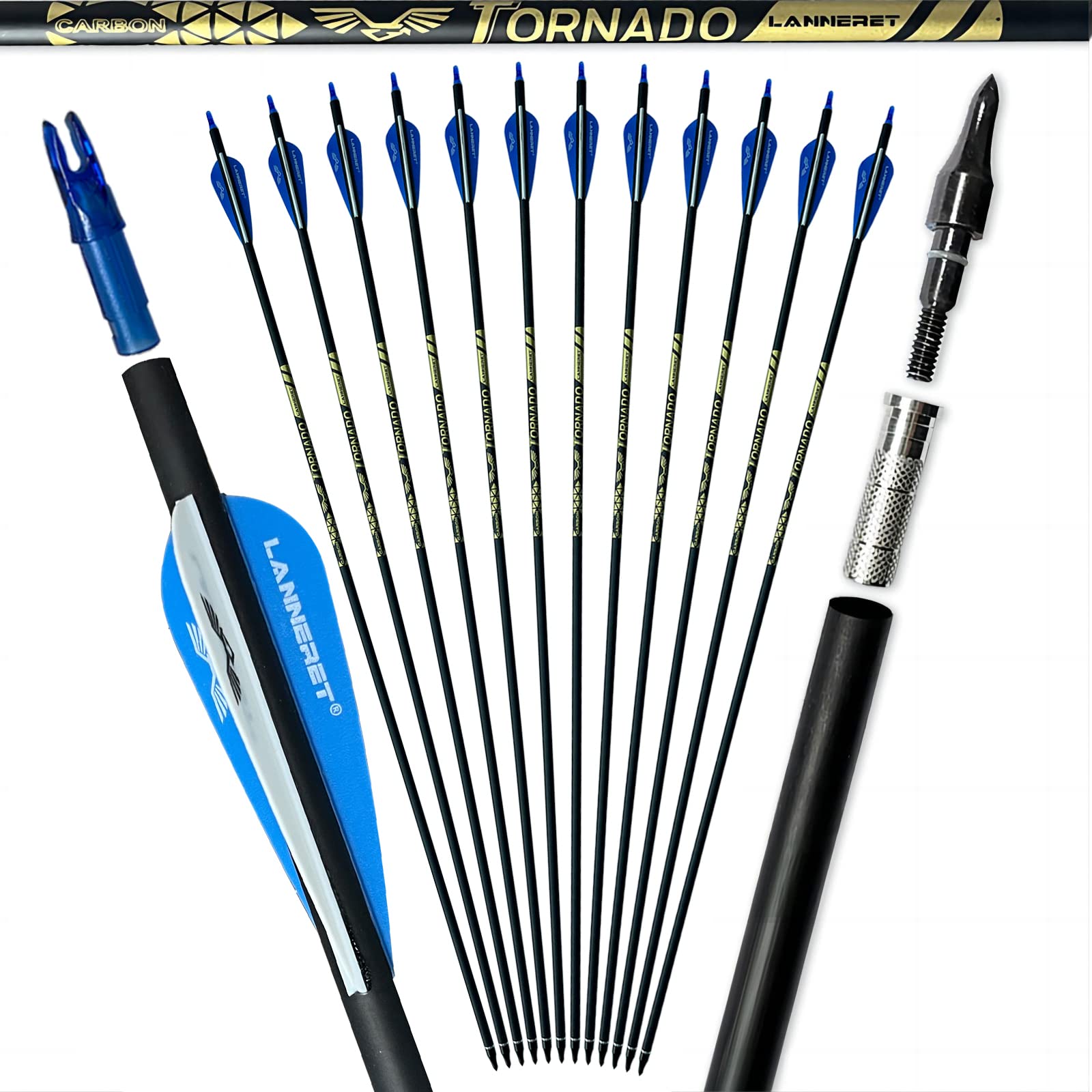 Lanneret Archery Carbon Arrows for Compound & Recurve Bows，28/30/32Inch Carbon Practice Bow Arrow with Removable for Youth Compound & Recurve Bow Target (Pack of 12)