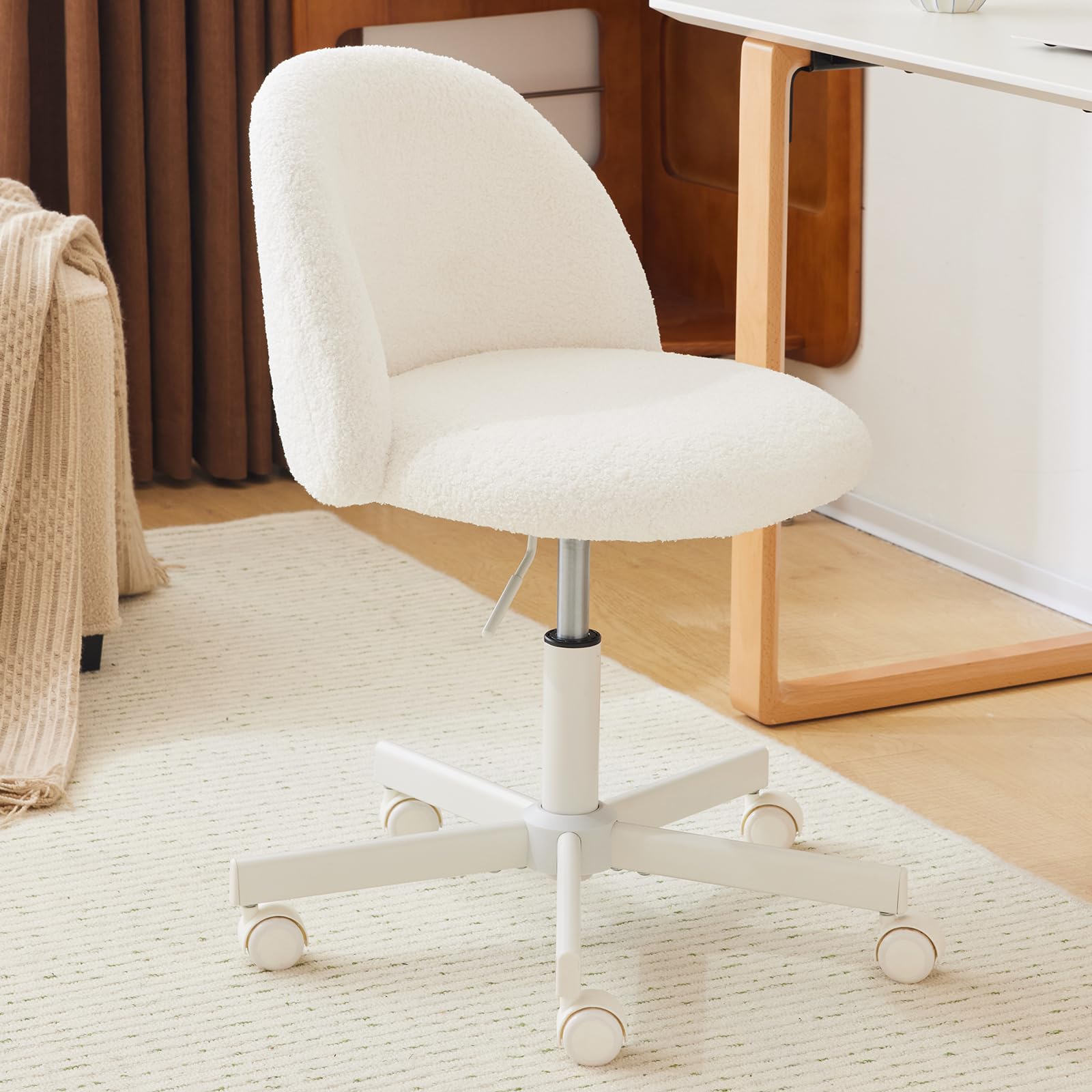 Silla de Escritorio, Silla Tocador, Oficina y Tocador, con Ruedas, Altura Regulable, Silla Compacta para Estudio, Dormitorio, Oficina en Casa, Tejido Teddy (Blanco)