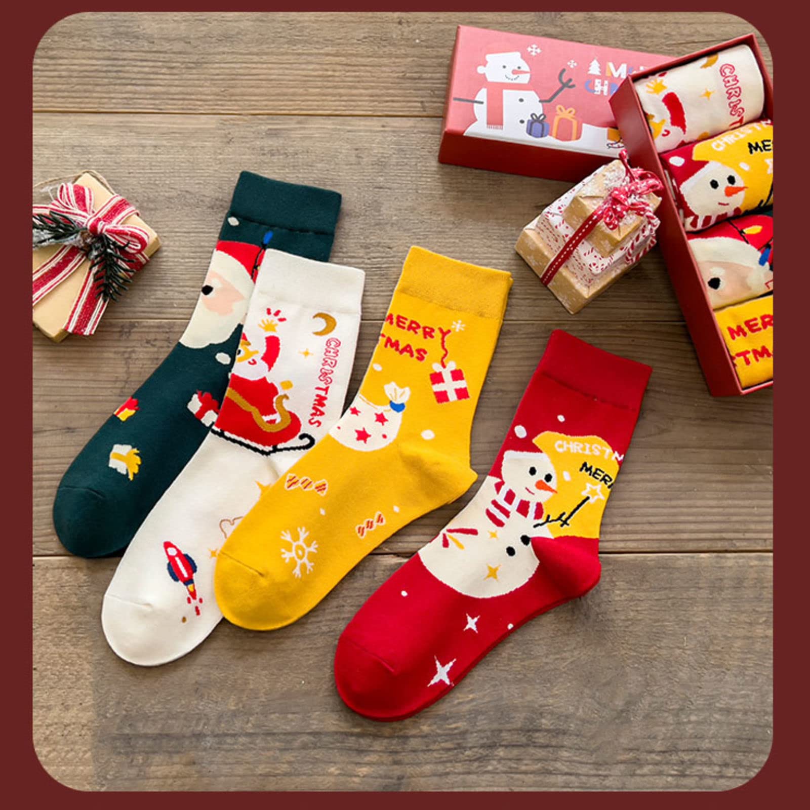 NIBHZ Calcetines Divertidos Calcetines de Navidad para Hombres, Mujeres, Coloridos, Divertidos, Novedad, Calcetines Estampados, 4 Pares,Red-One Size
