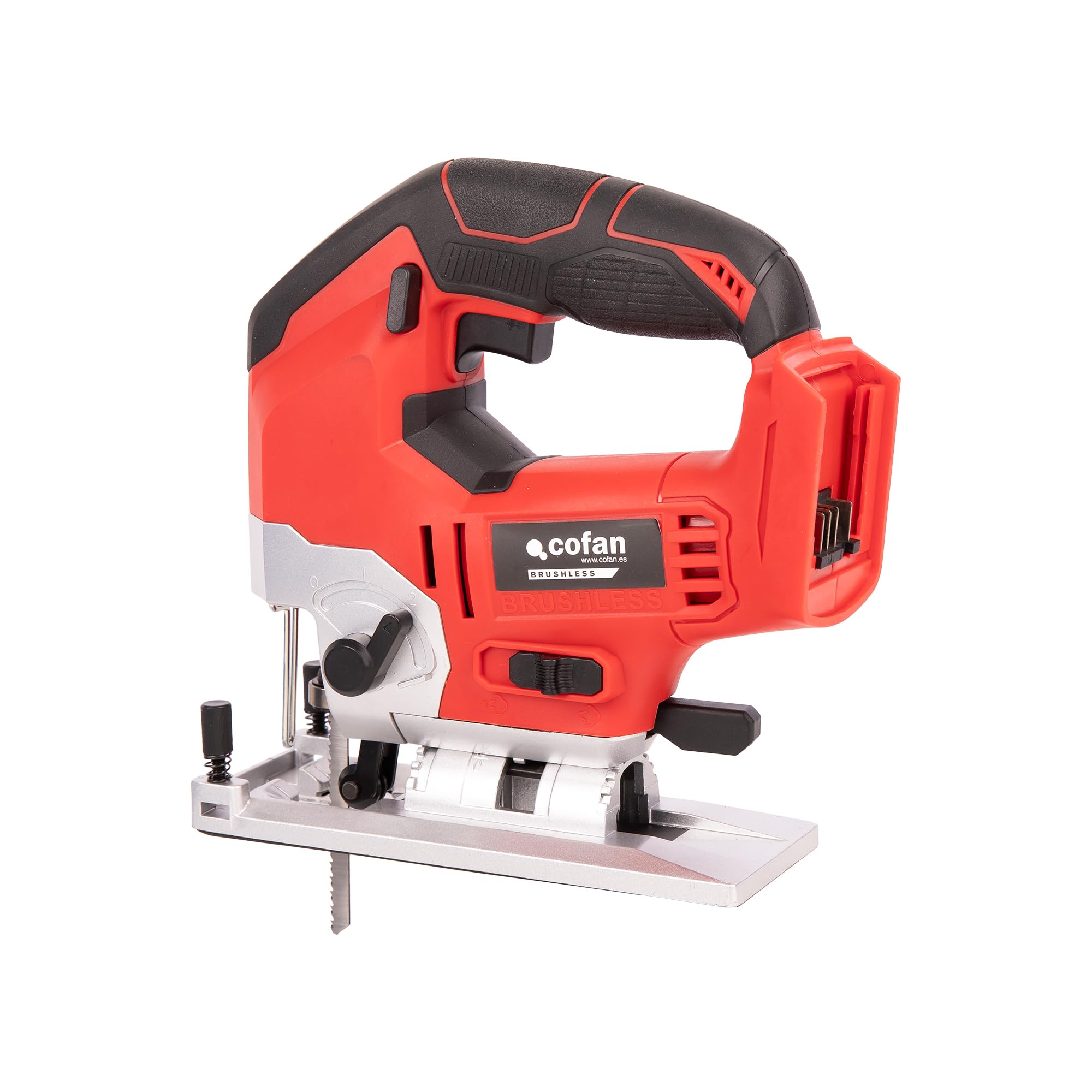 Cofan Sierra de calar a batería | Potencia: 20 V | Motor sin escobillas | Velocidad variable 0–3000 rpm | Acción pendular | Corte inclinado ±45° | Batería y cargador no incluidos