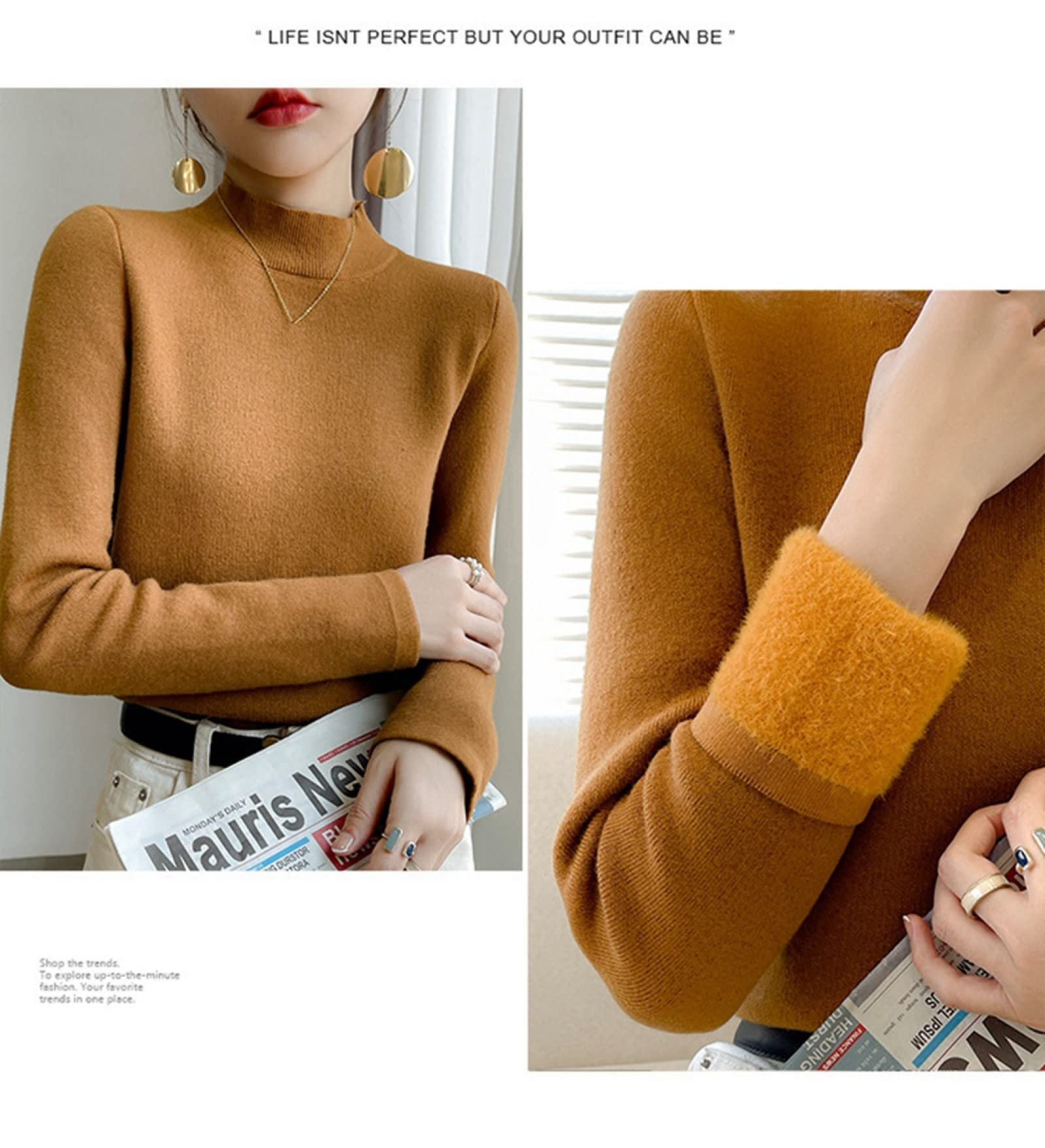Suéter De Invierno Para Mujer - Suéter De Lana De Medio Cuello Alto Para Mujer De Invierno Moda Delgado Forrado De Punto Casual Grueso Jersey De Manga Larga Suave Cálido Forrado De Vellón Color