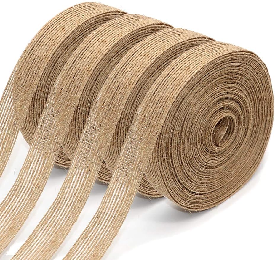 4 Rolls of Natural Burlap Fabric with Burlap Ribbon for Christmas Tree Gift Wrap Wedding Event Party Home Bow Craft Decoration, 11 yards long 0.8 inches wide per roll