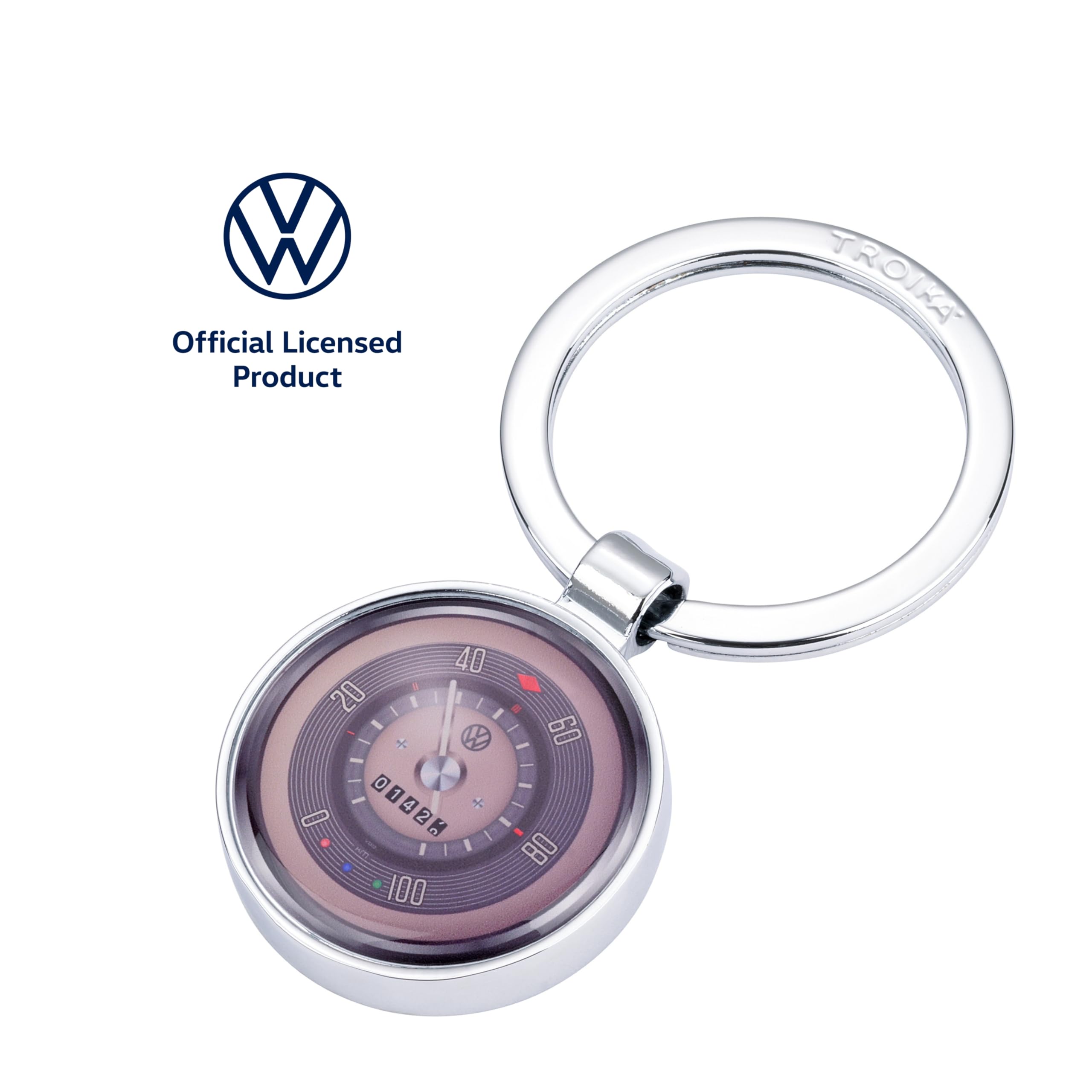 TROIKA Breloczek do kluczy T1 Volkswagen VW RETRO Tacho Design z emalii i odlewu metalowego, z kółkiem na klucze, chromowany, wielokolorowy i srebrny oryginalny, Wielokolorowy / srebrny, 6,7 x 3,5 x