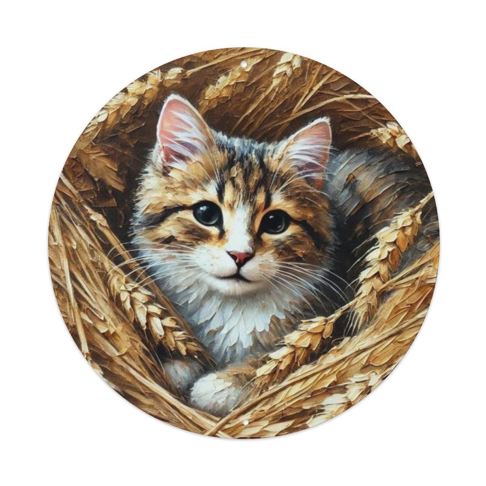 Animal Cute Baby Tabby Cat Hiding in Autumn Wheat Field Vintage Metal Tin Sign Plaque Wall Decor for Cafe, Club Bar, Office, Garden Metal Poster 8x8Inch