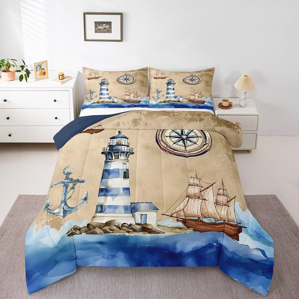 Erosebridal Lighthouse Queen Comforter Set,Blue Ocean Sailboat Bedding Sets for Kids Girls Boys,Nautical Anchor Compass Quilt Bed Set,Sail Boat Room