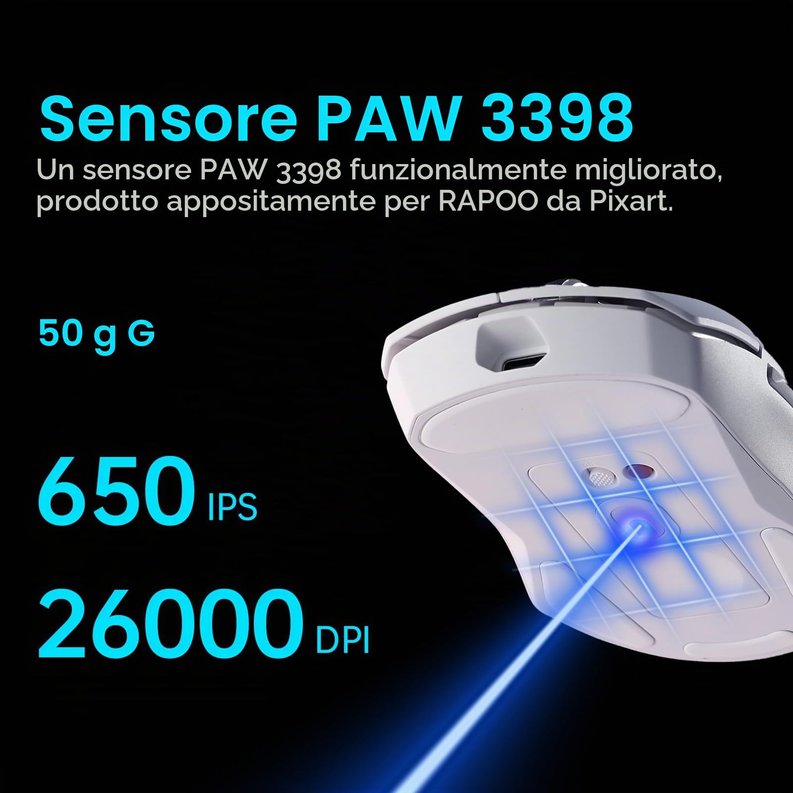 Rapoo VT9PRO 4K Mouse Wireless Gaming 68g Ultraleggero Mouse da Gioco | PAW3398 26K DPI, 4000Hz, Batteria 160 Ore, 10 Tasti Programmabili, Memoria Integrata, Mouse Ricaricabile per PC/ Mac, Bianco
