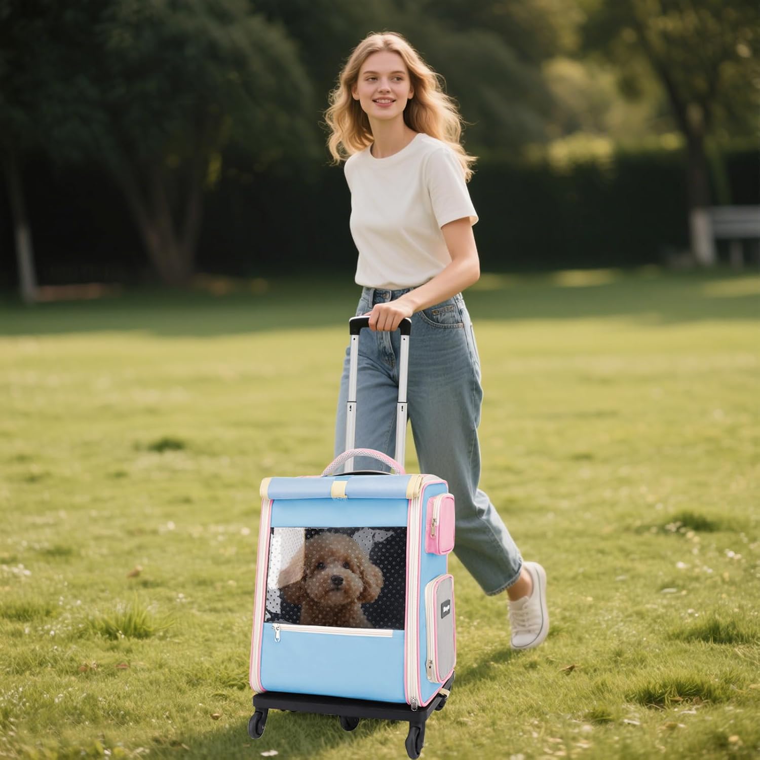 Travel in Style: The Ultimate Sky Blue Rolling Pet Carrier for Cats and Small Dogs