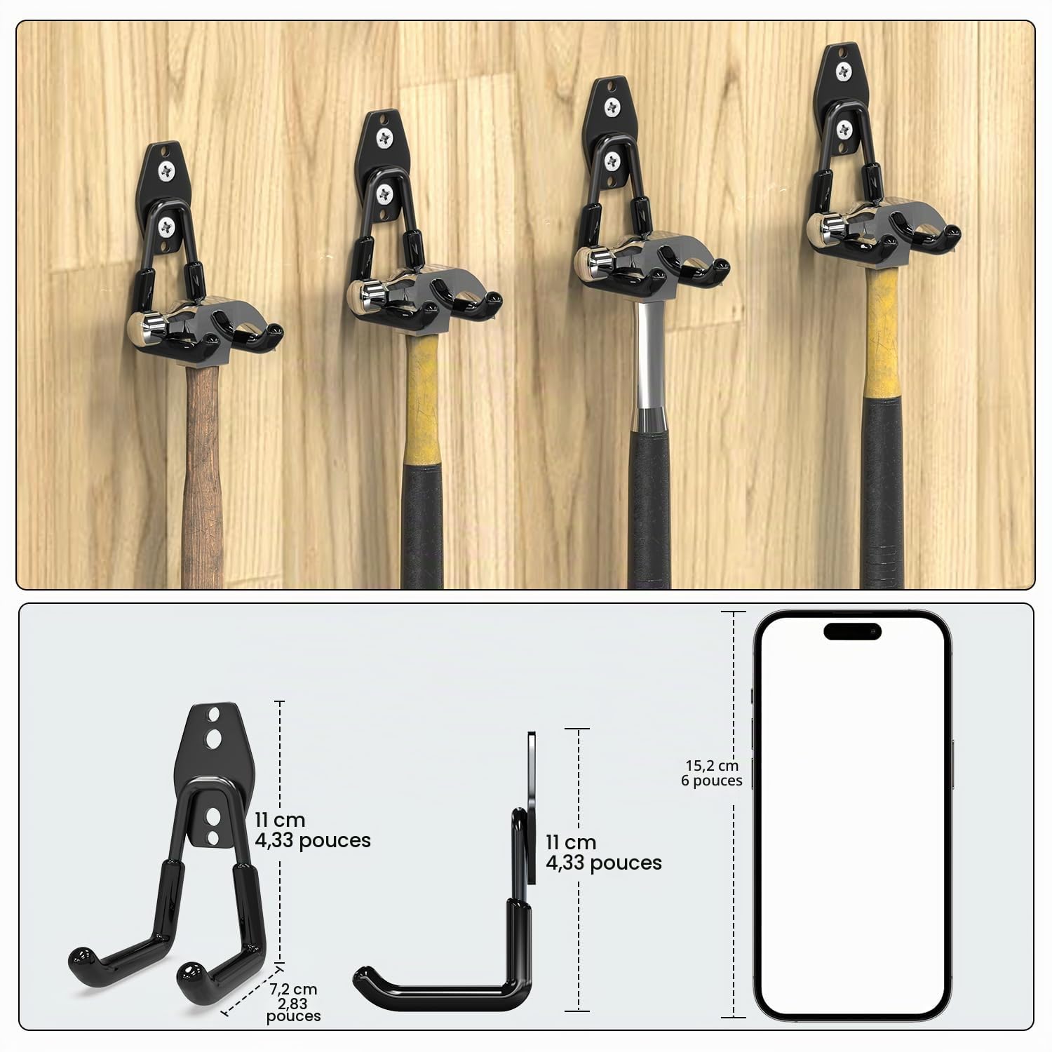 3-H Crochet Mural Garage,Porte Outils Mural en Acier Robuste avec 3 Points de Soudure Renforcés et Revêtement PVC Antidérapant pour Rangement Outils de Jardin,Échelle,Tuyaux et Atelier,Noir,8pcs