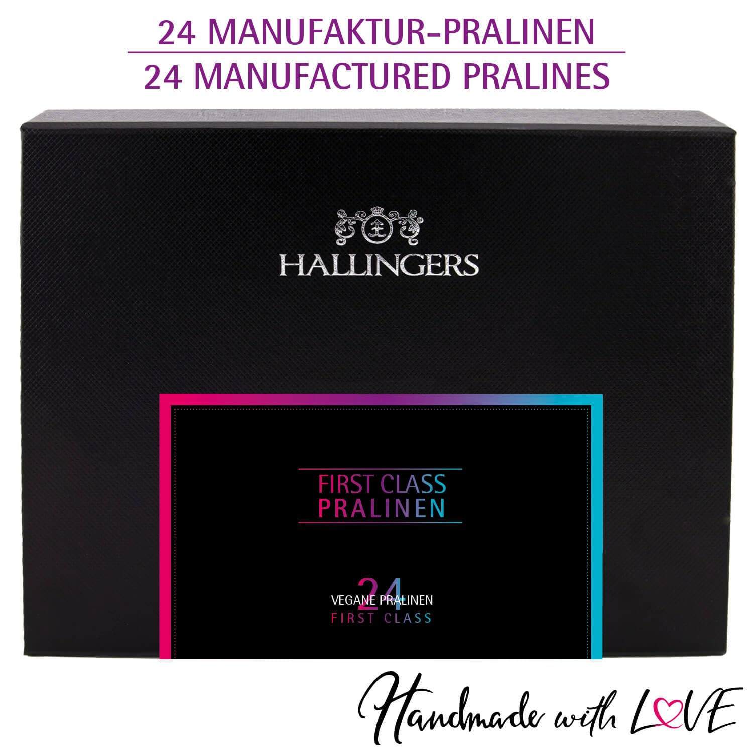 Hallingers Genuss Manufaktur Vegane Pralinen Geschenk - mit & ohne Alkohol, handmade aus Confiserie-Edelkakao in wertiger Geschenkbox "FirstClass Vega...", Geschenkidee für Frauen Männer