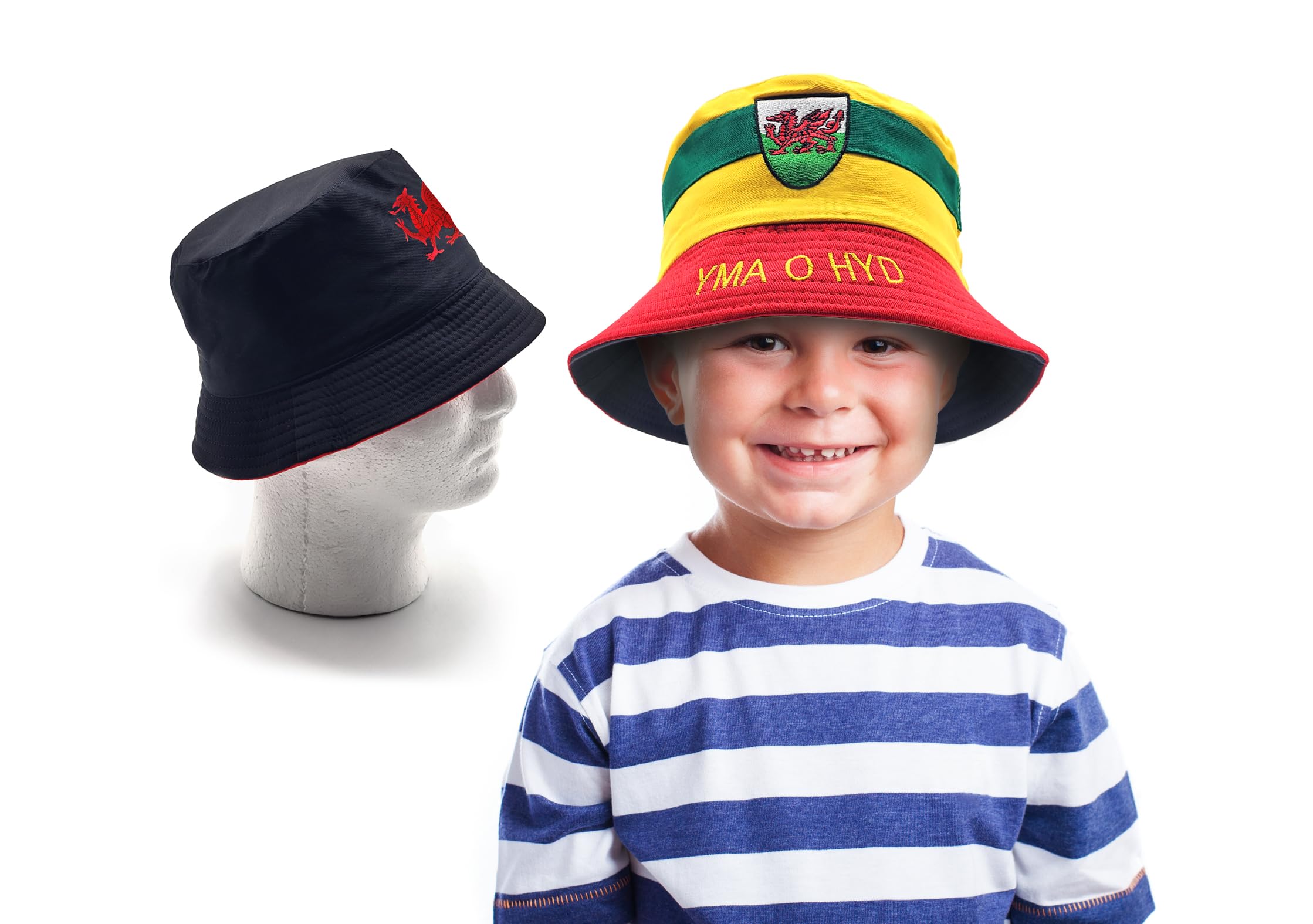 Strength & Honour Welsh Kids Reversible Bucket HAT - Yma O HYD Euros World Cup Wales Unisex Children's Hat Black with Dragon Embroidery on Reverse