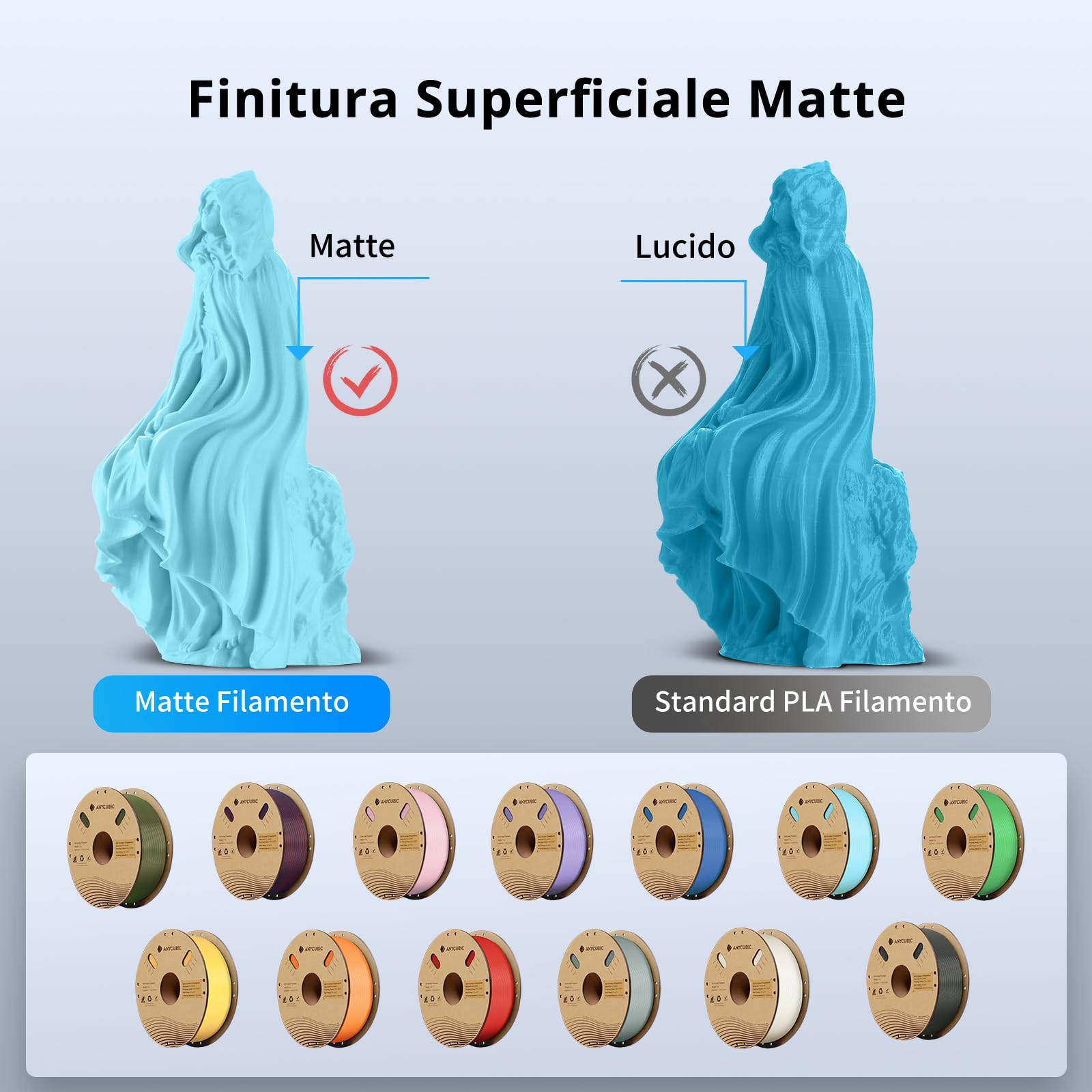 ANYCUBIC Matte PLA Filamento 1,75 mm, Filamento per Stampante 3D Struttura Matte, Superficie Fine, Nessuna Linea di Strato Visibile,Matte Blu Ghiaccio 1KG