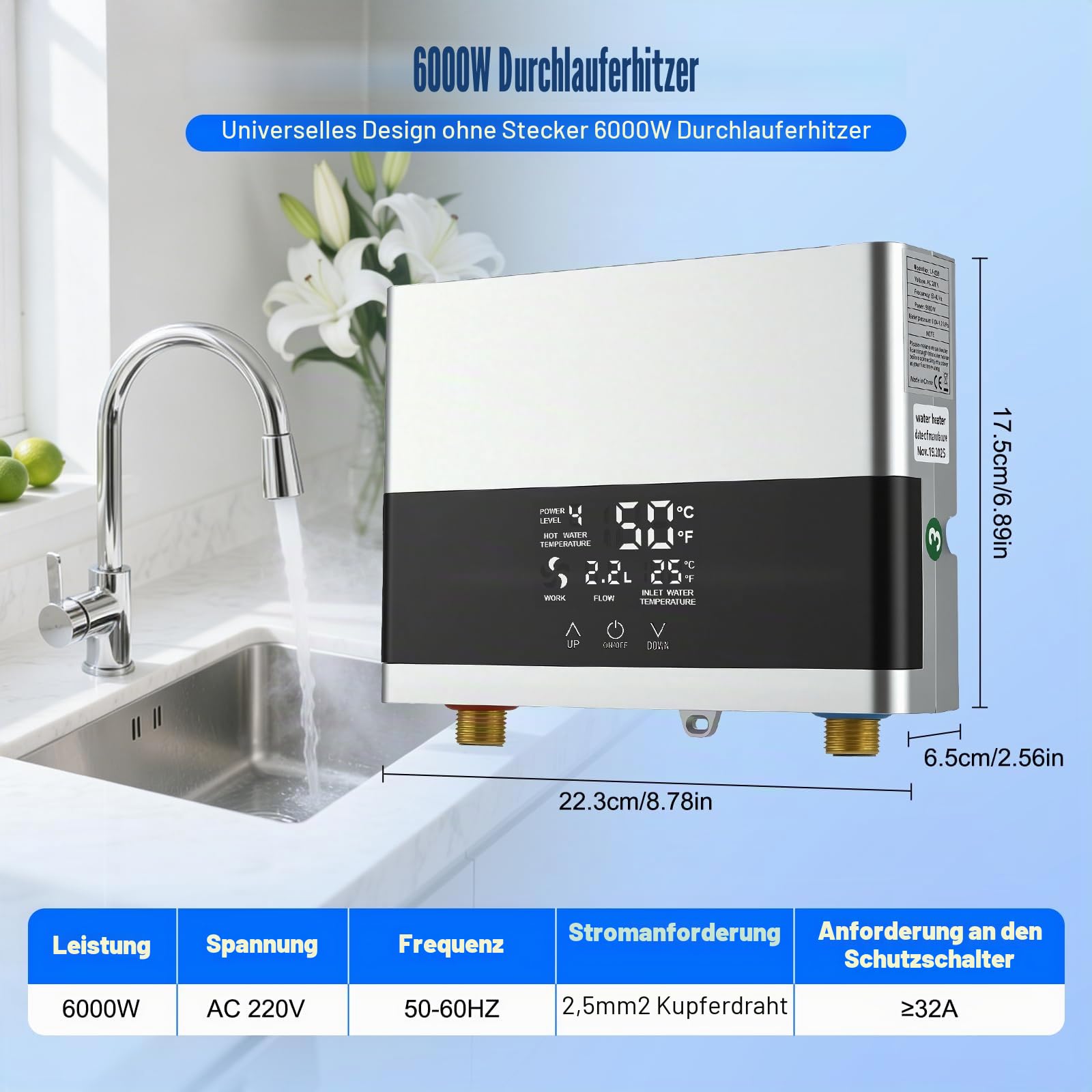 6000W Durchlauferhitzer 230V mit Fernbedienung & LED-Display | Mini Elektrischer Warmwasserbereiter für Dusche und Küche | Inkl. Duschkopf, IPX4 Schutz für Bad & Garten (Silber)