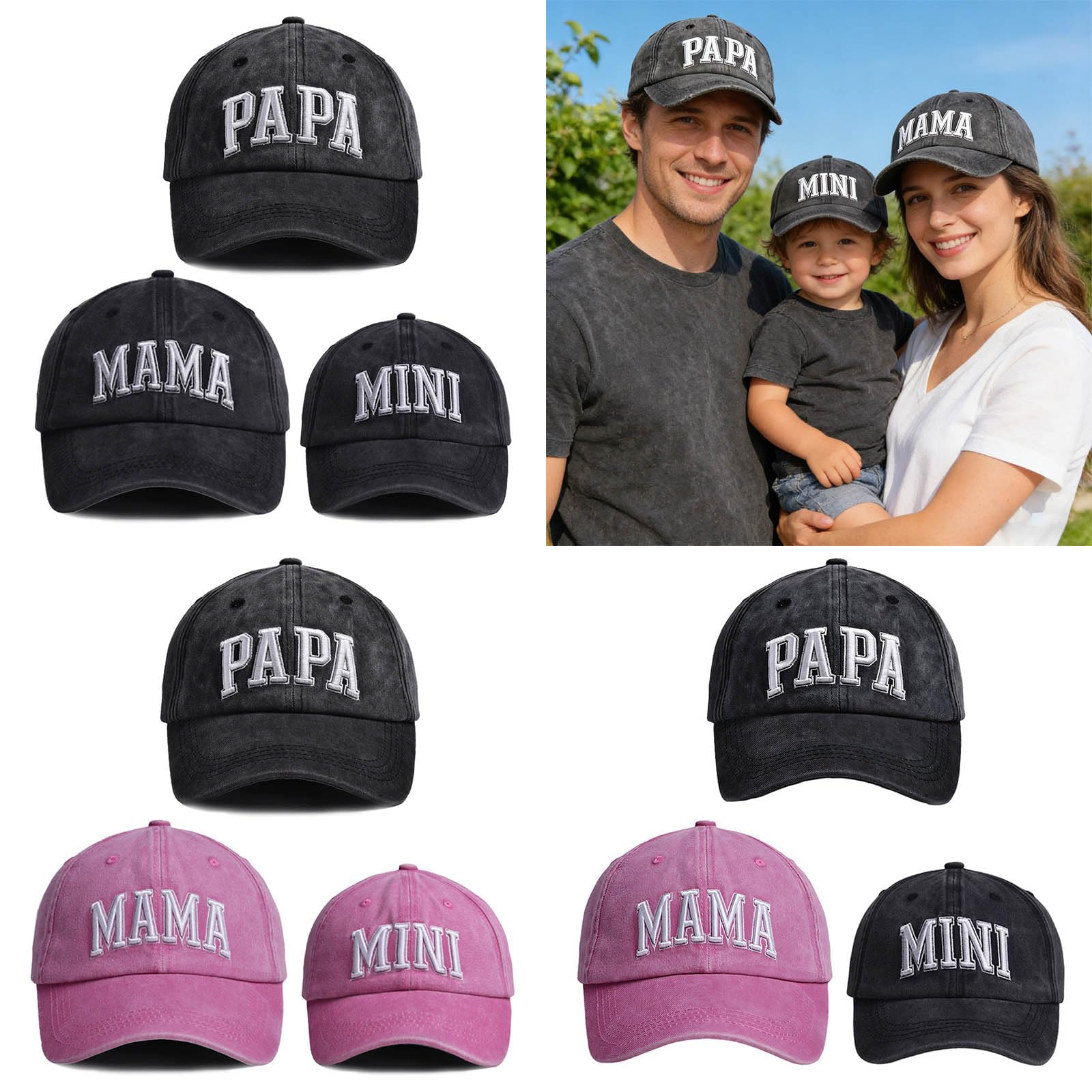 Generisch Set di 3 cappelli coordinati per la famiglia, per papà, mamma, figlio, figlia, traspirante, in cotone e poliestere, abbigliamento casual, per gite in famiglia