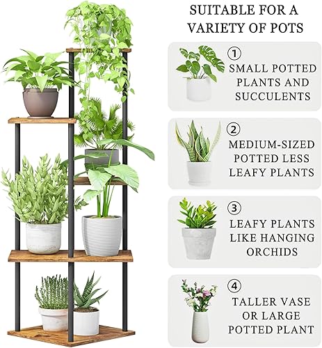 Miniatura 5 de Soporte para plantas de interior de 5 niveles de metal y madera para múltiples macetas de flores, soportes altos de esquina para flores para sala de