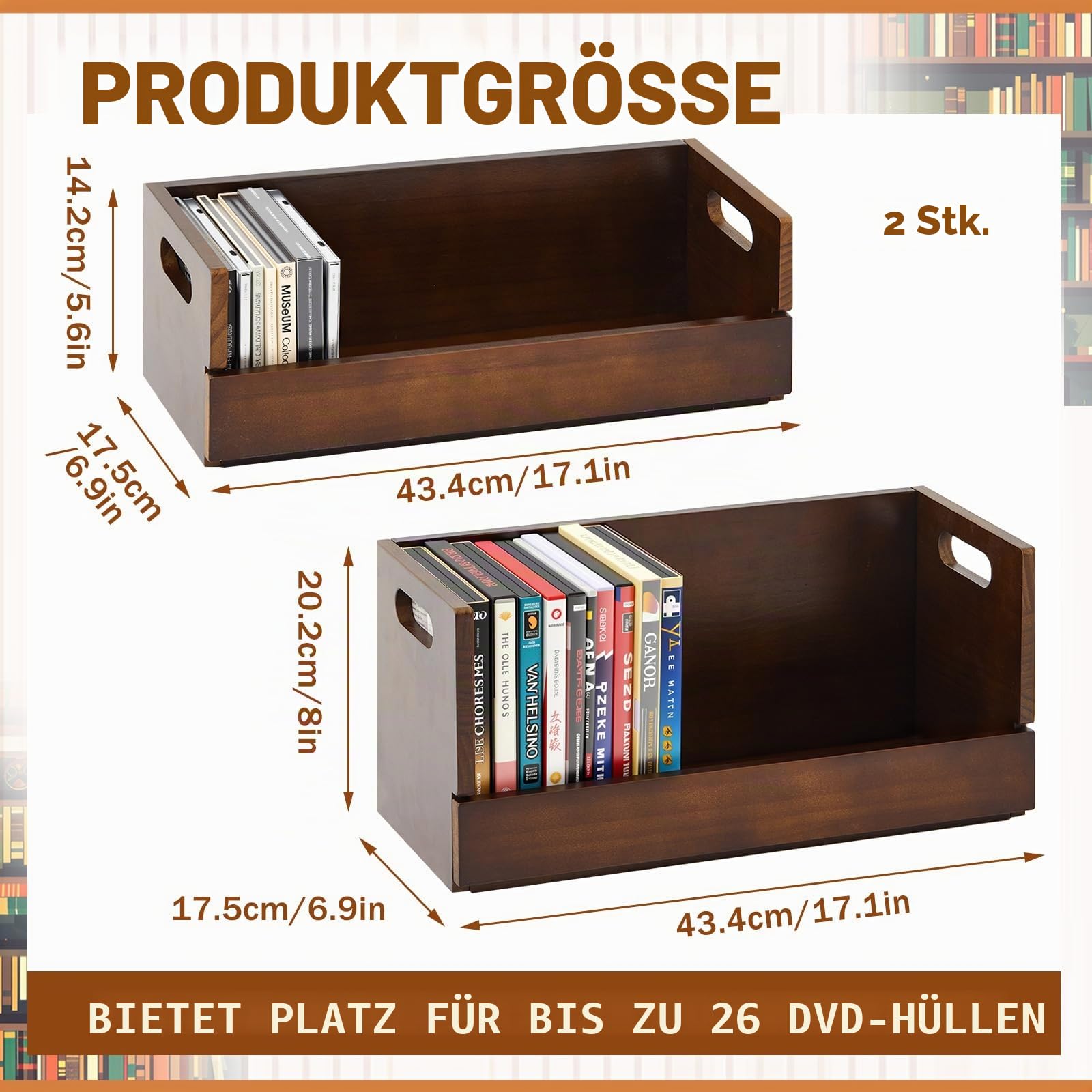 CroBlissful DVD- und CD-Aufbewahrungsbox aus Holz, Kassettenständer mit Tragegriff, Organizer-Regal für Filmhüllen, jede kann bis zu 36 CDs und 26 DVDs aufbewahren (braun)