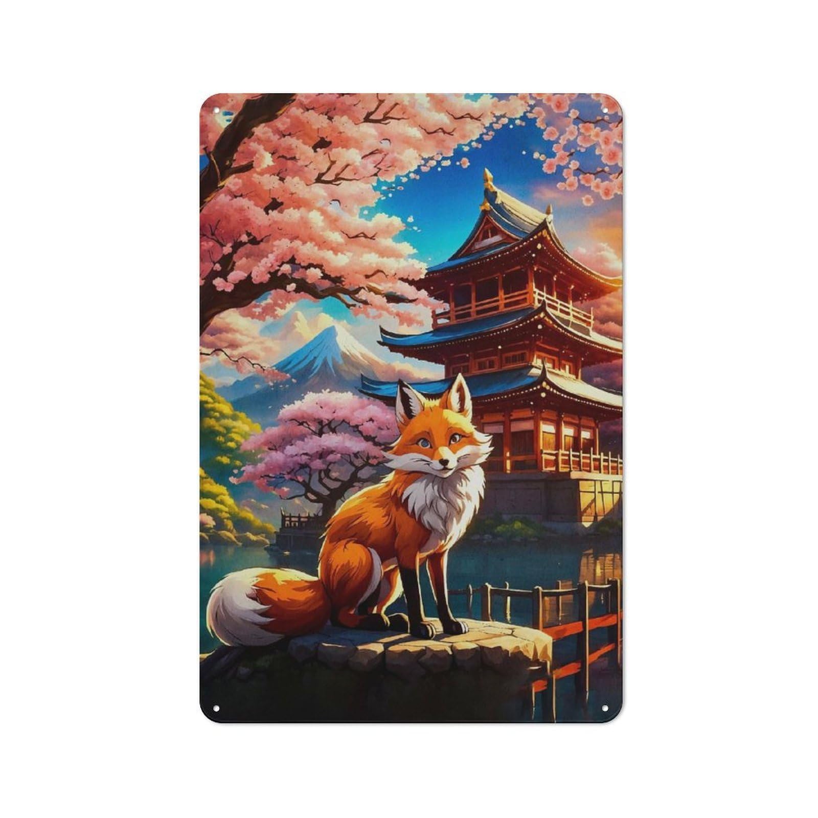 Junmoney Style-10 Tin Wall Plaque 30X20cm With Sakura Kitsune Fox For Home Office Or Studio, For Metal Sign Collectors, For Garage And Workshop Walls