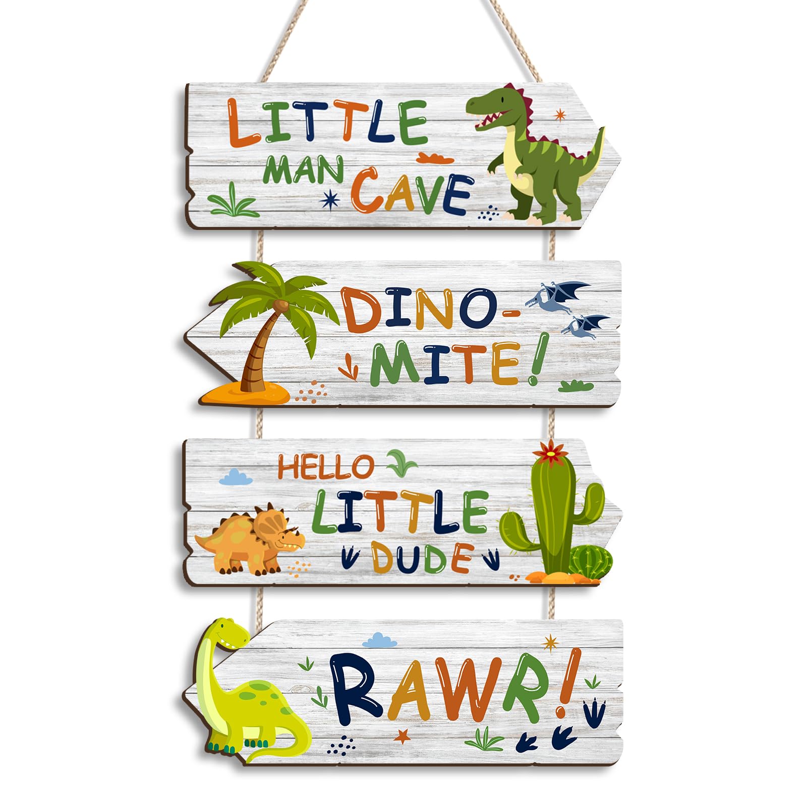 Dinosaur Wall Decor Set of 4, Motivational Wooden Signs for Boys Room, Nursery, Playroom (Quotes, Rustic Decor 12 x 4 Inches)