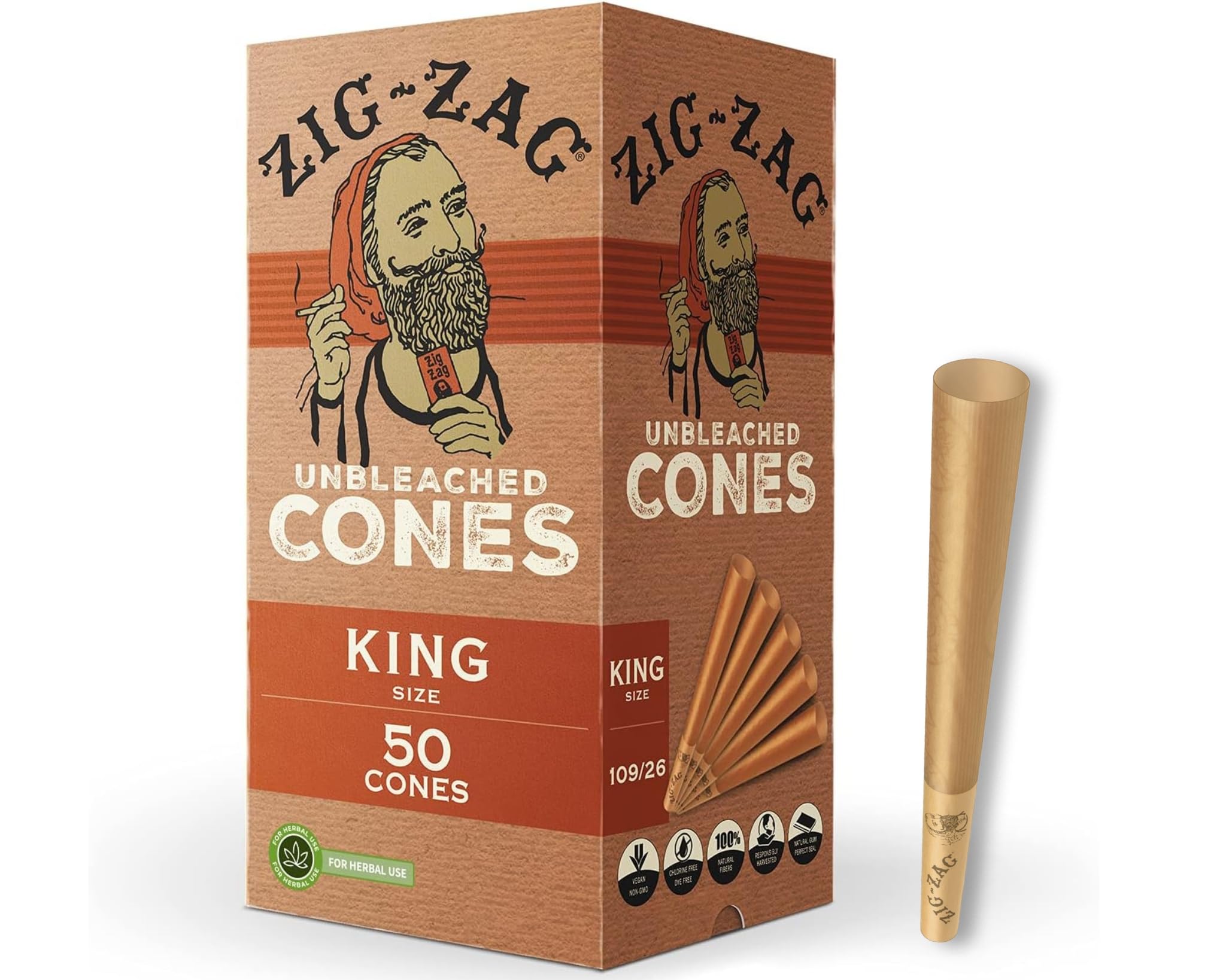 ZIG-ZAG Pre Rolled Cones King Size (50 Pack) Unbleached - Slow Burning Pre Rolled King Cones with Tips & Packing Tubes Included - Bulk Pack