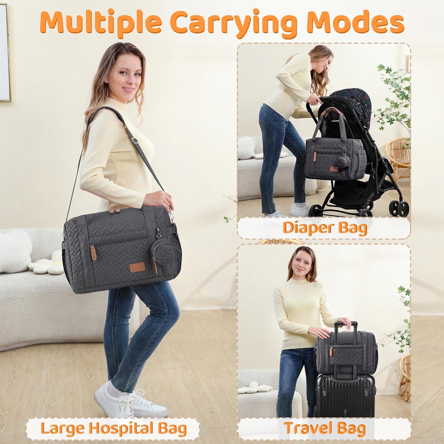 JOLLITO Diaper Bag Tote, Large Capacity Travel Diaper Bags With Changing Pad, Hospital Bag For Labor Delivery, Baby Bag - Image 3